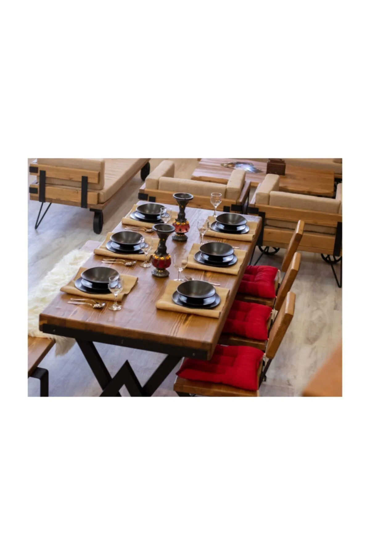 Ntconcept Masif Ağaç Yemek Masası Takımı- 85cm-210cm Masa+210cm Bank+5 Adet Loft Sandalye Ntconcept Masif Ağaç Yemek Masası Takımı- 85cm-210cm Masa+210cm Bank+5 Adet Loft Sandalye