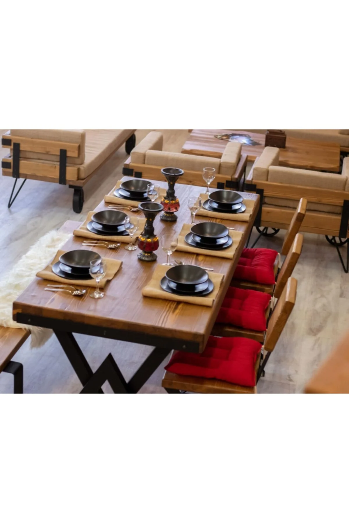 Ntconcept Masif Ağaç Yemek Masası Takımı- 85cm-210cm Masa+210cm Bank+5 Adet Loft Sandalye Ntconcept Masif Ağaç Yemek Masası Takımı- 85cm-210cm Masa+210cm Bank+5 Adet Loft Sandalye