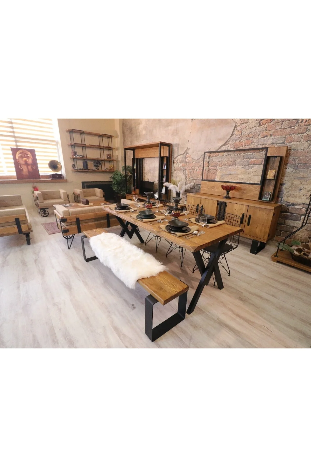 Ntconcept Masif Ağaç Yemek Masası Takımı - 85cm-210cm Masa +210cm Bank+ 6 Adet Sandalye