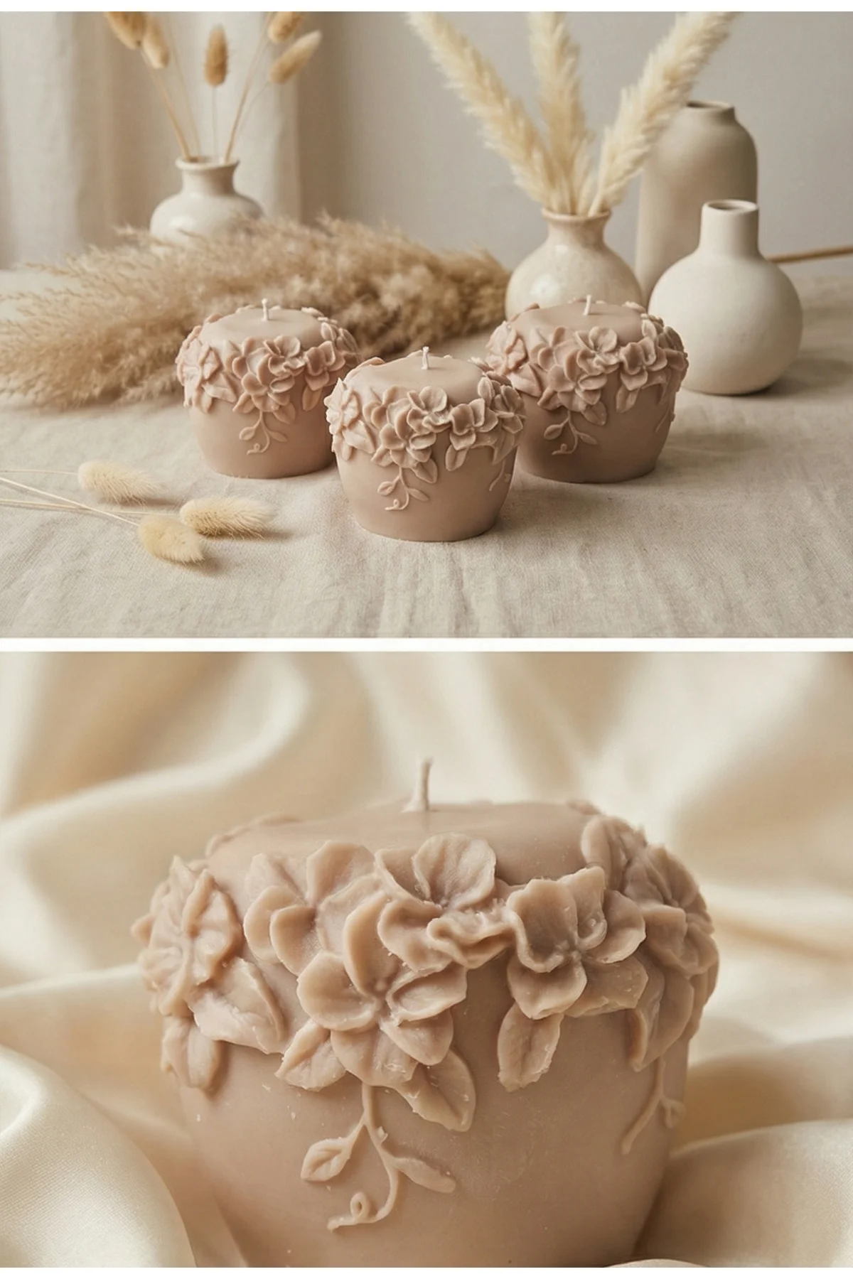 Nude Renk Dekoratif Kabartmalı Çiçekli Vegan Soya Mum