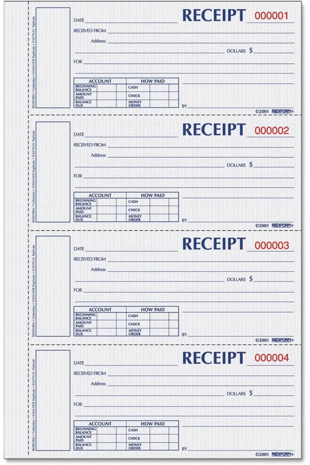 Numbered Money receipt kitap, 6 – 7/8 x 2 3/4, three-parça, 200 f