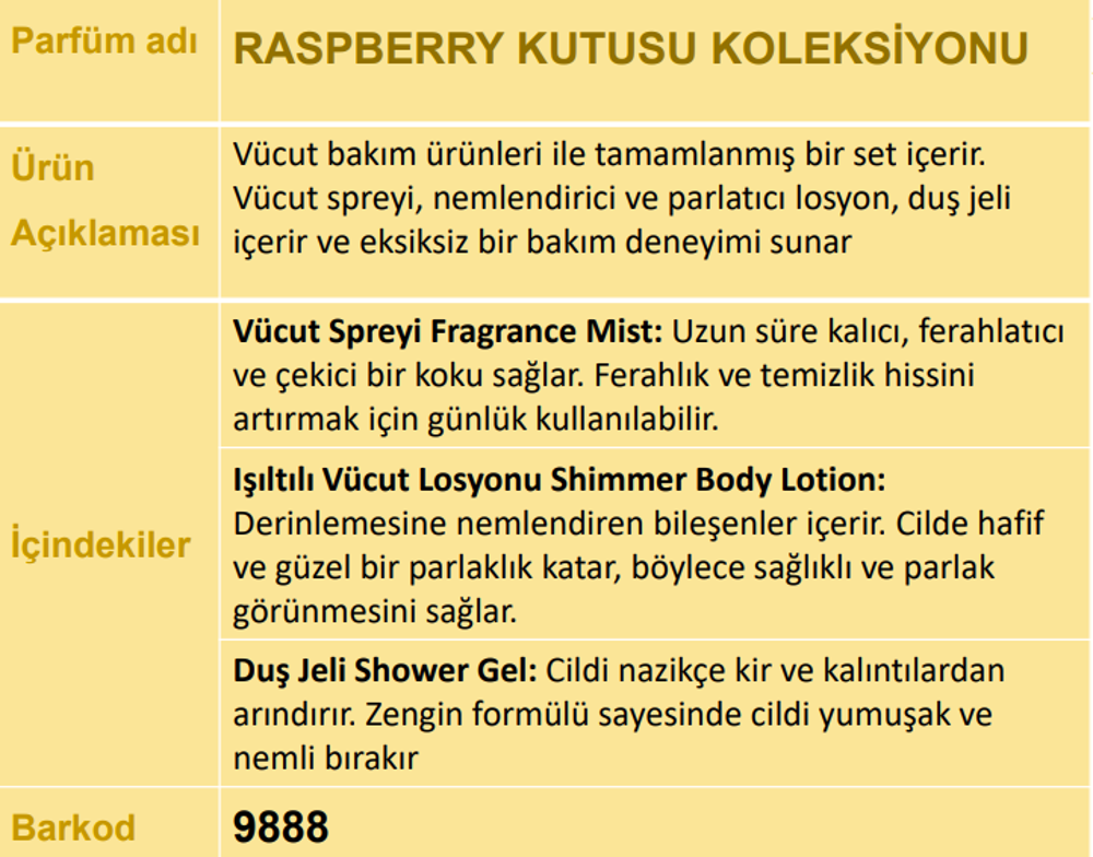 Nurxos 9888 Raspberry Ahududu Hediyelik Kutulu 3'lü Set Vücut Spr
