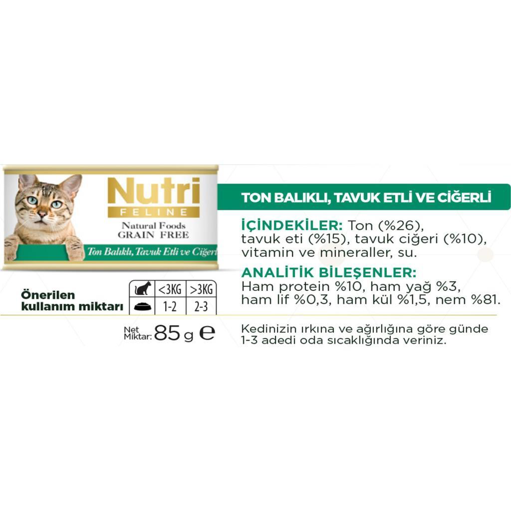 Nutri Feline Tahılsız Tavuklu Ton Balıklı Ciğerli Kedi Konservesi
