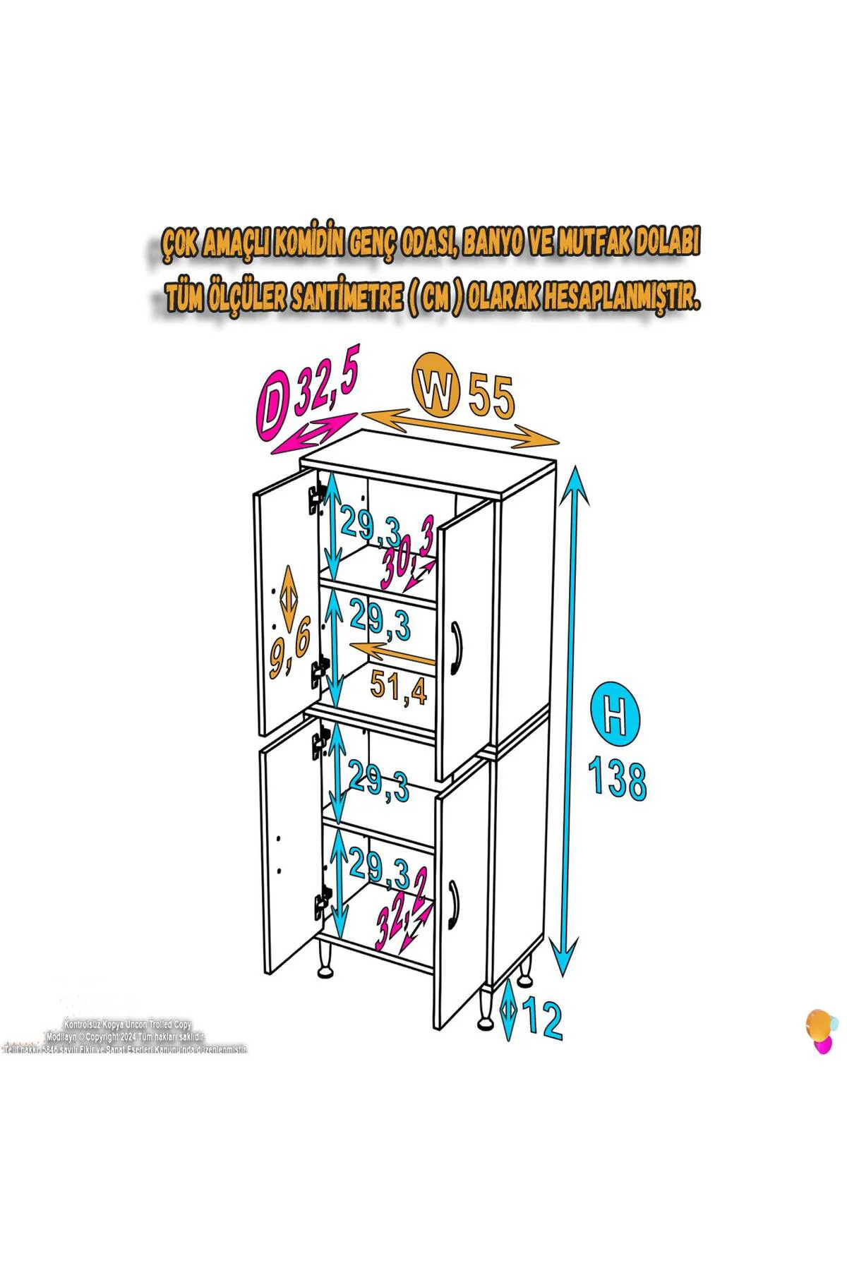 Nuve Geniş Depolama Alanlı Dolap 55 cm Banyo/Mutfak Çok Fonksiyon