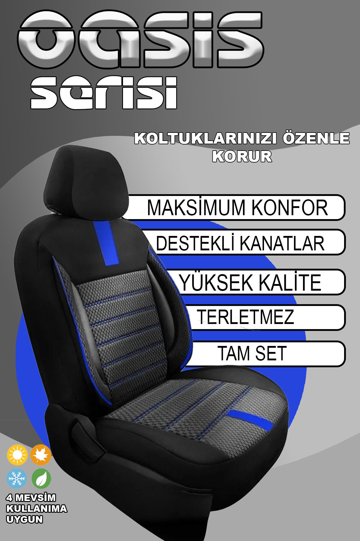 Oasis Serisi Pamuklu Dokuma Kumaş Deri Detaylı Oto Koltuk Kılıfı 