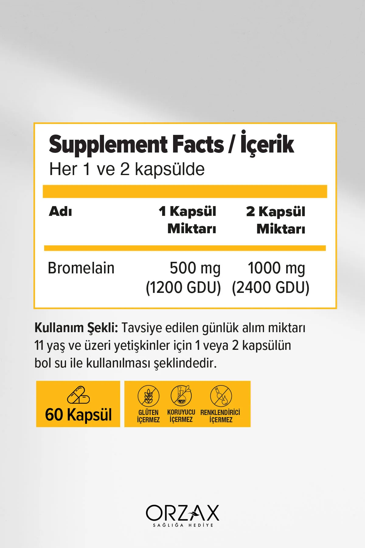 Ocean Bromelain 500 Mg 2400 GDU /g Takviye Edici Gıda 60 Kapsül