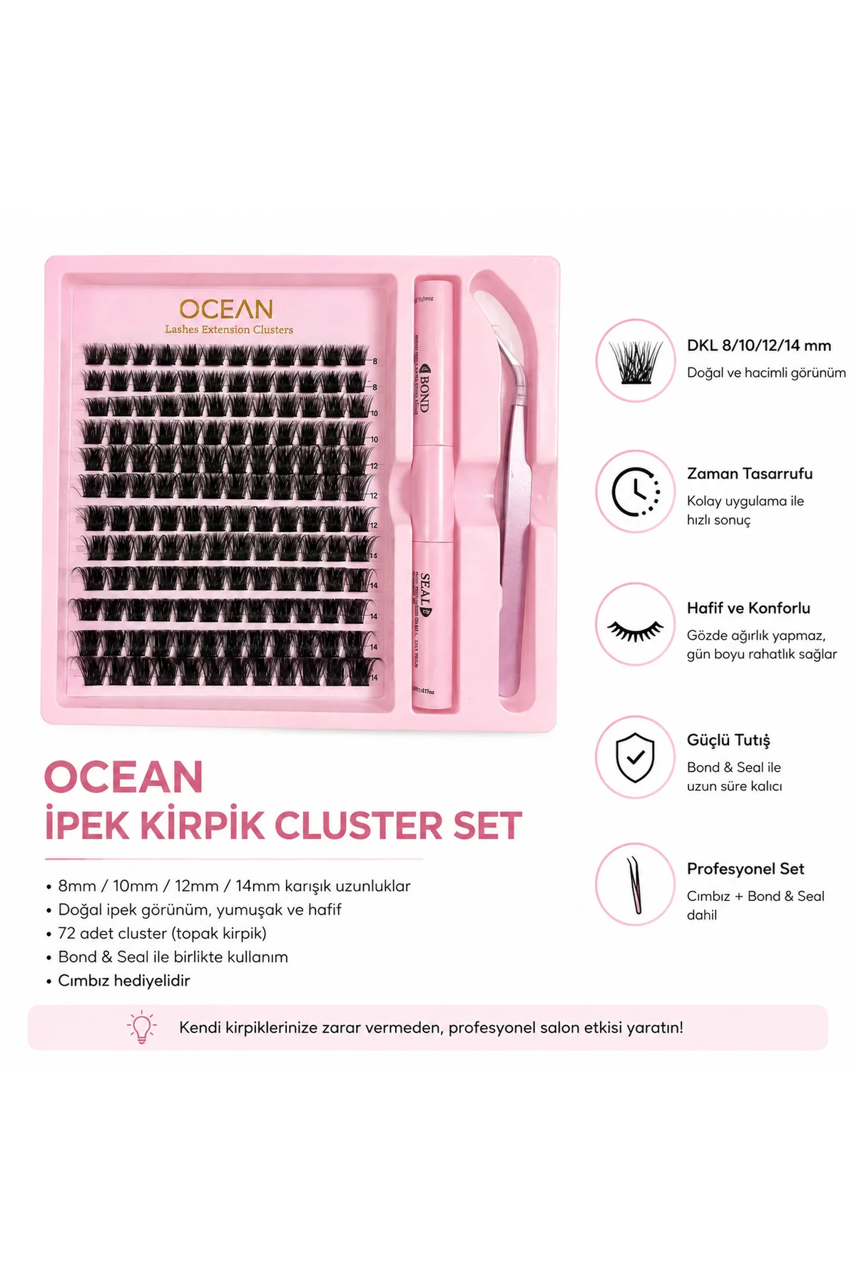 Ocean İpek Kirpik Cluster Seti 8-14 mm Bond & Seal Yapıştırıcı ve Cımbız Dahil