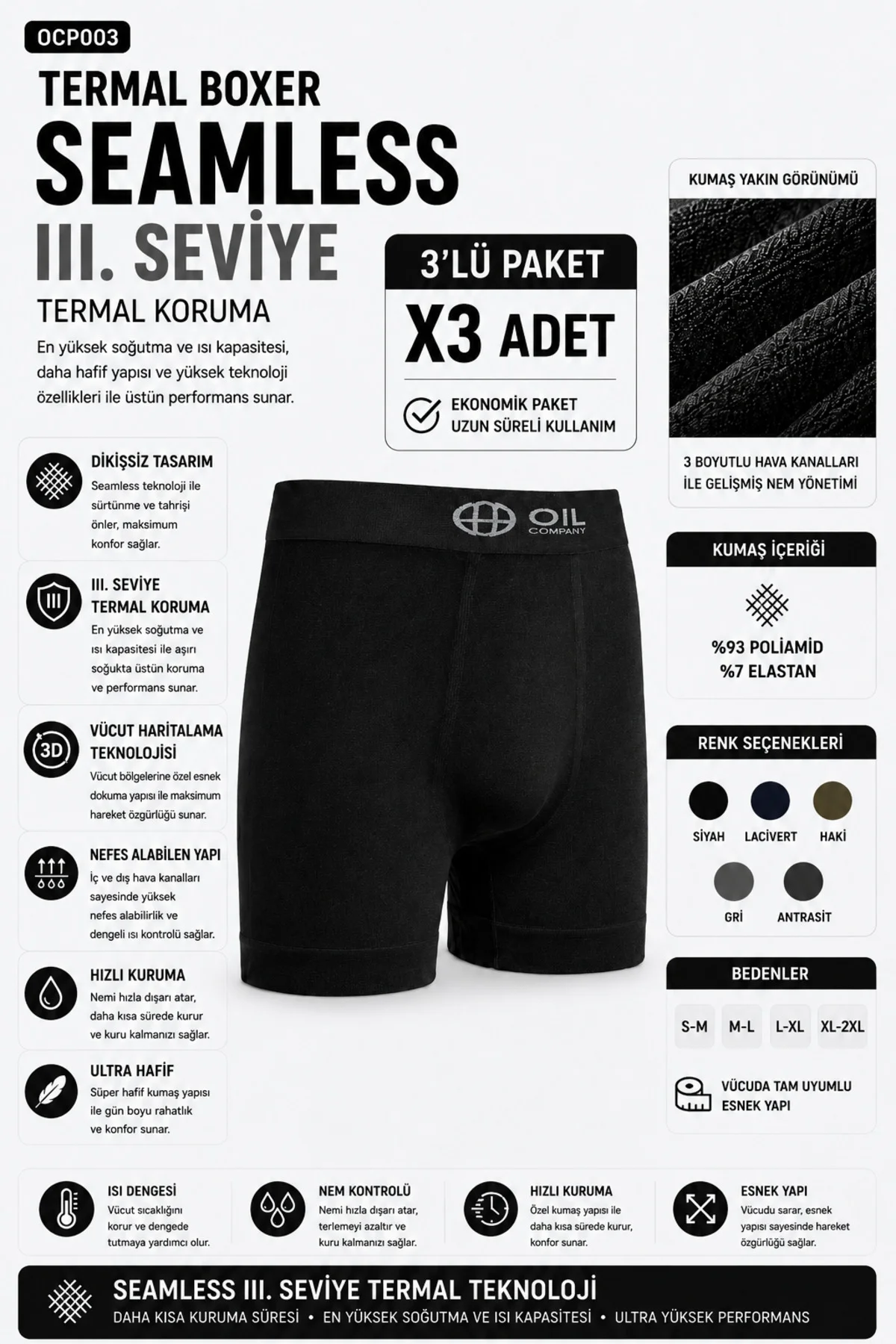 OCP003 unisex Termal Siyah Boxer Seamless 3. Seviye Nefes Alabilen Esnek 3'lü Boxer