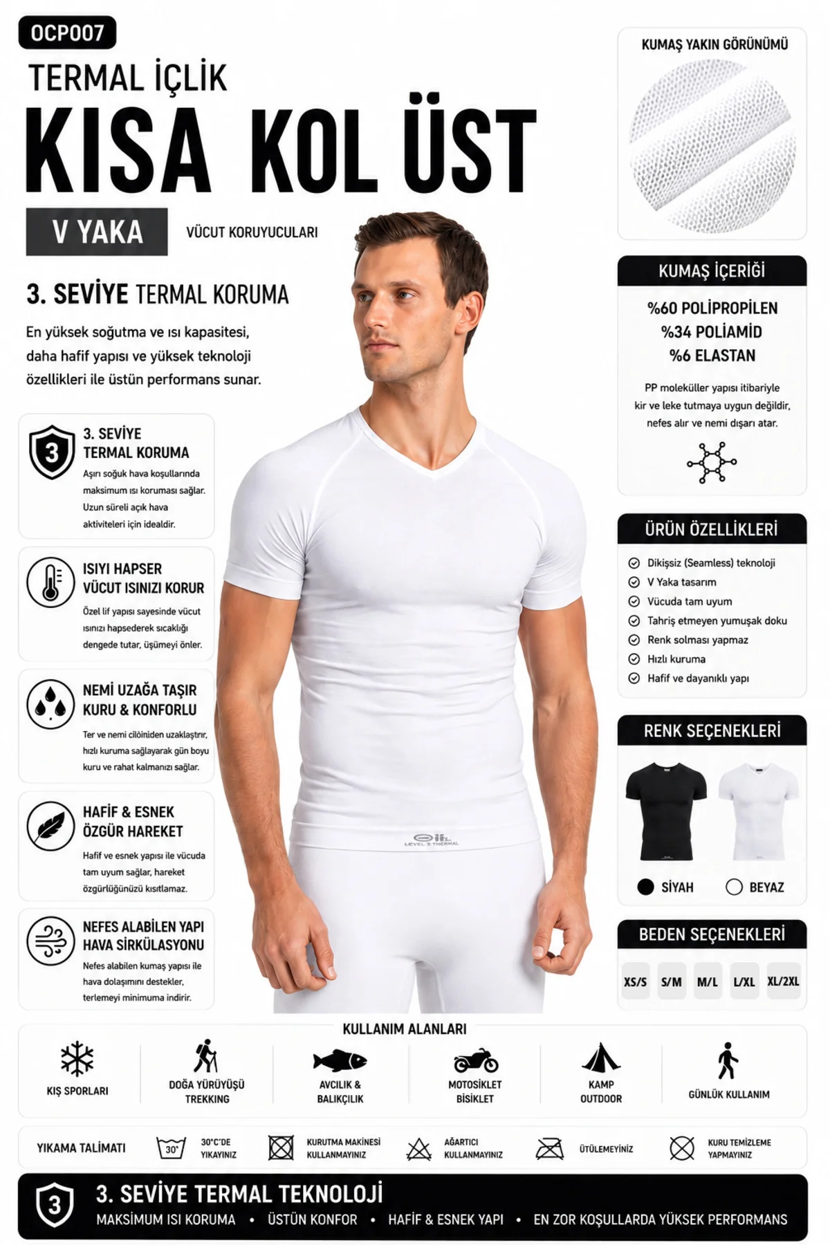 OCP007 3. Seviye Termal Üst İçlik V Yaka Hafif Esnek Unisex Tişört