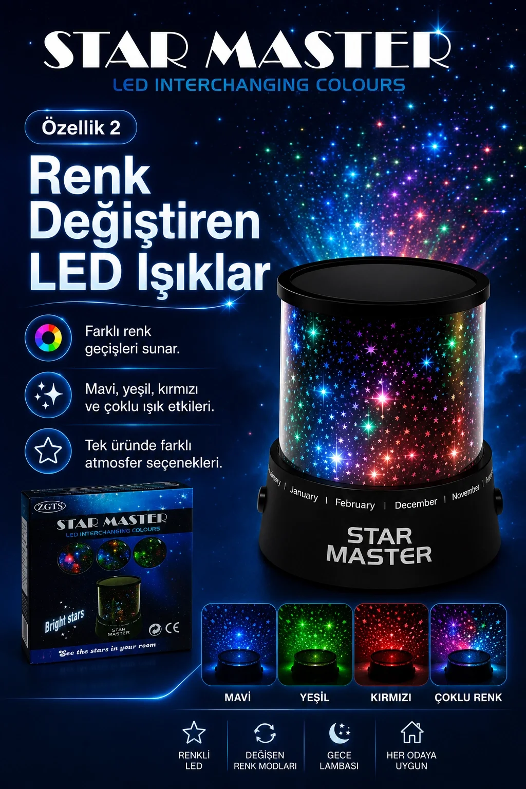 Oda İçin Yıldız Efektli LED Gece Lambası Renkli Işık Yansıtan Dekoratif Projektör Fiyatı, Yorumları ve Özellikleri
