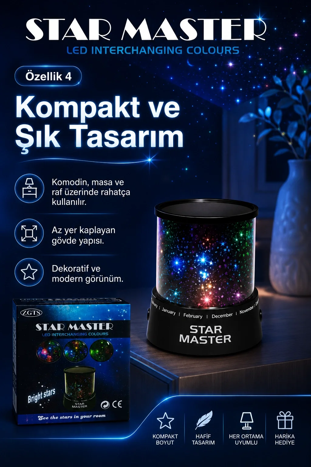 Oda İçin Yıldız Efektli LED Gece Lambası Renkli Işık Yansıtan Dekoratif Projektör Fiyatı, Yorumları ve Özellikleri