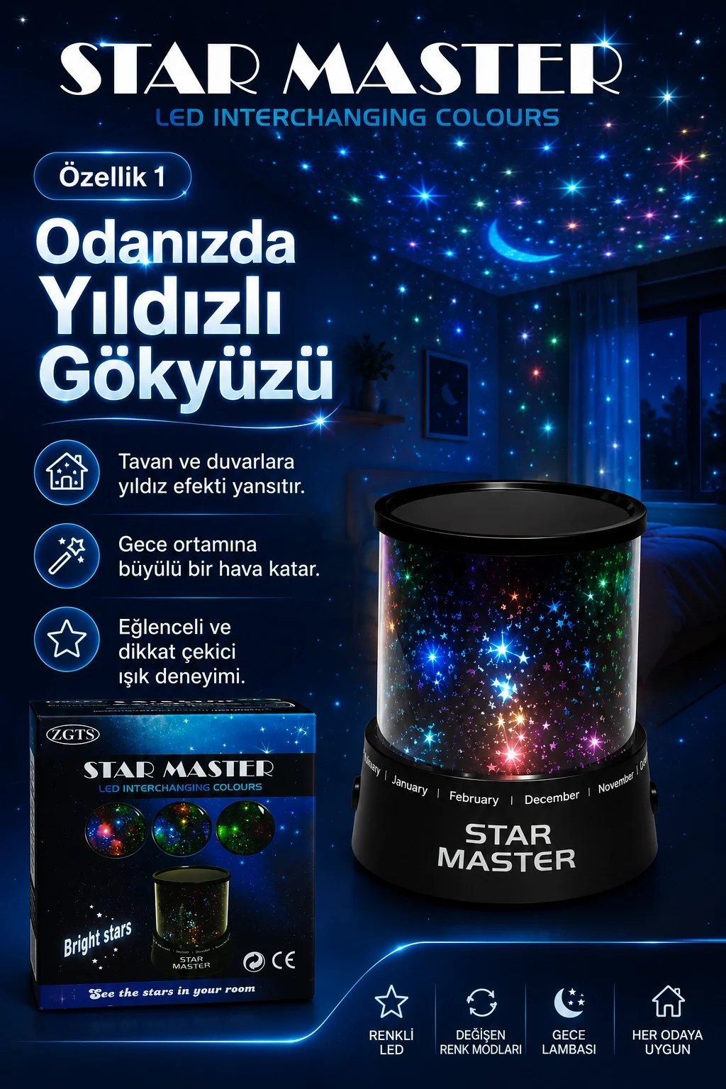 Oda İçin Yıldız Efektli LED Gece Lambası Renkli Işık Yansıtan Dekoratif Projektör Fiyatı, Yorumları ve Özellikleri