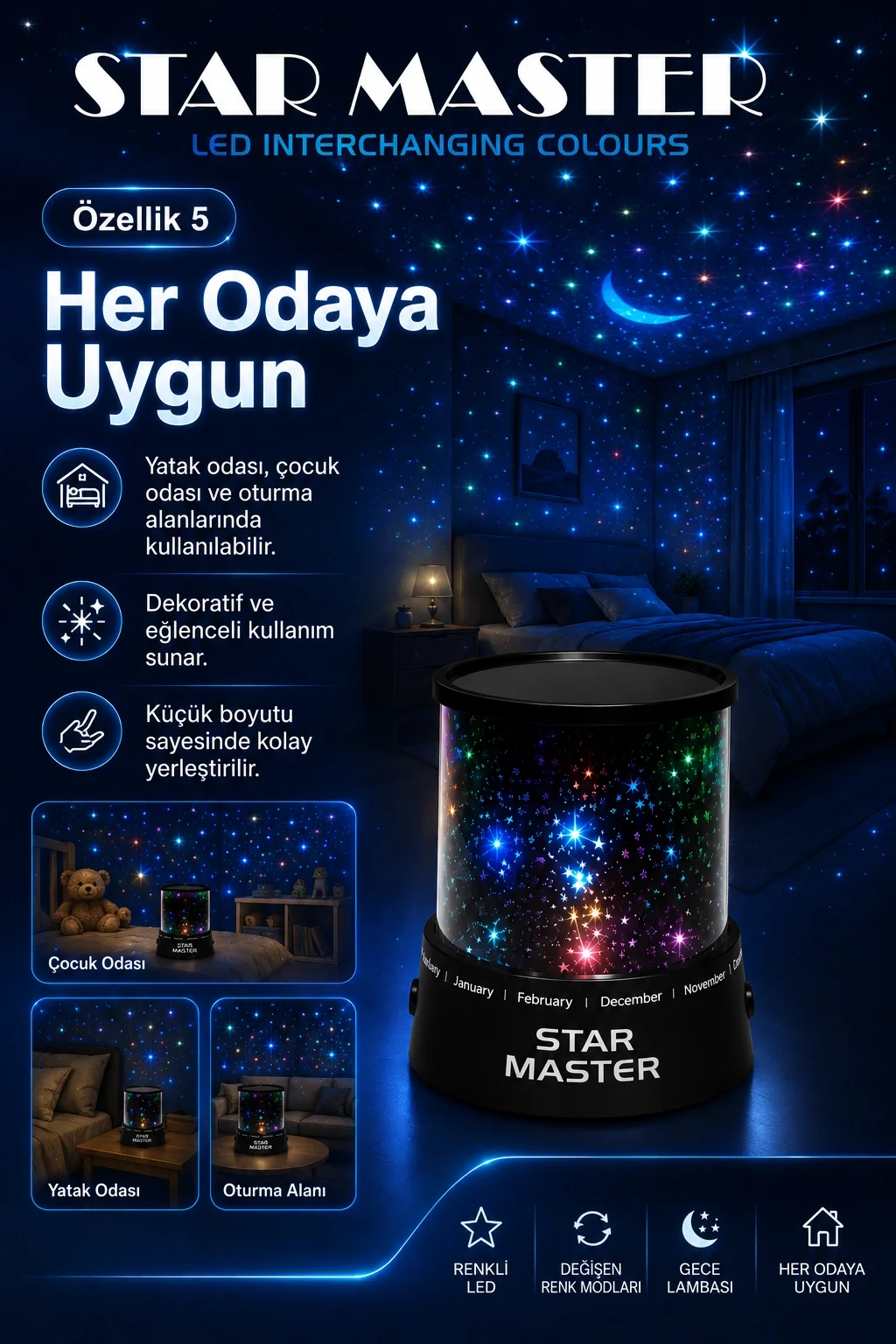 Oda İçin Yıldız Efektli LED Gece Lambası Renkli Işık Yansıtan Dekoratif Projektör Fiyatı, Yorumları ve Özellikleri