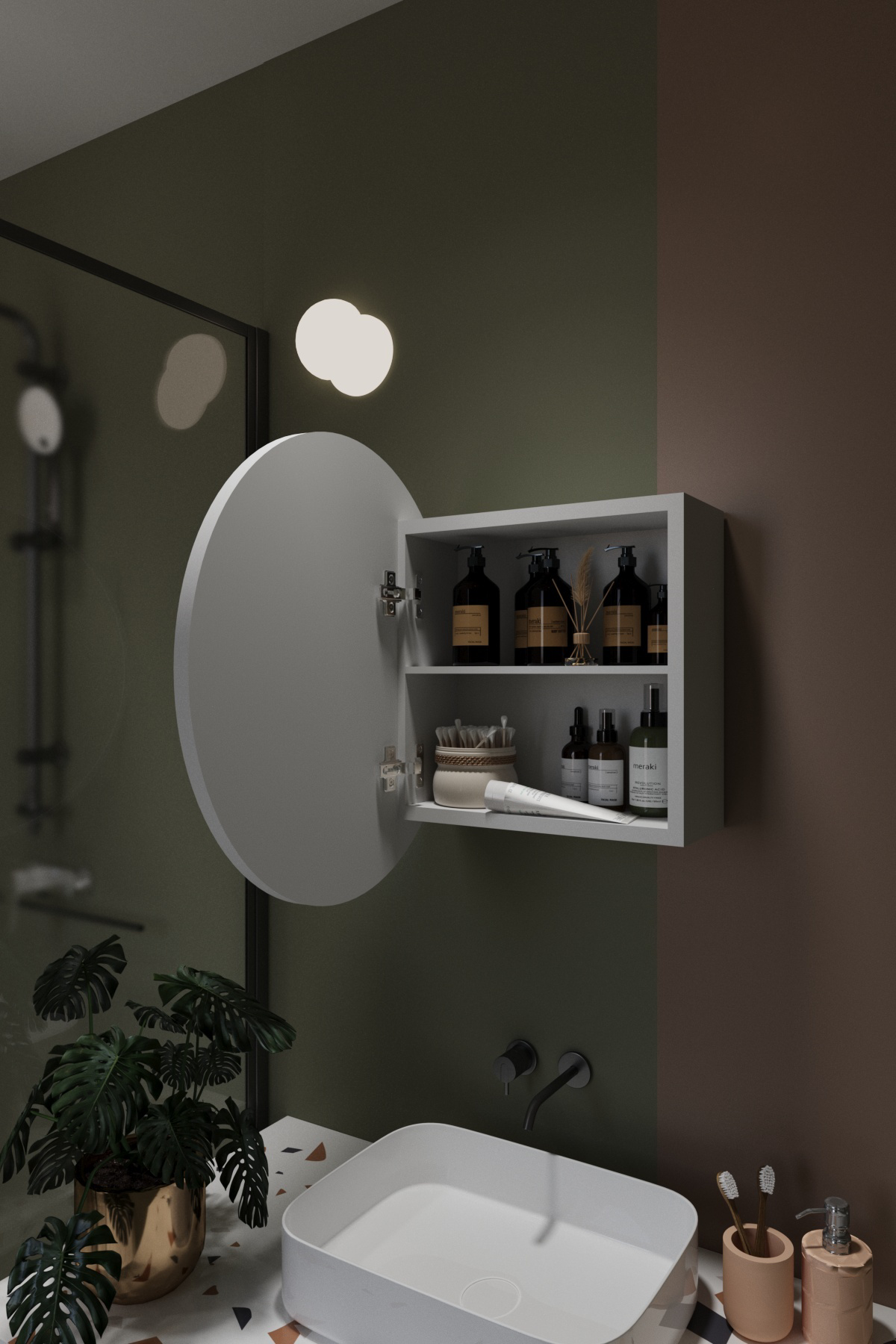 Odin Oval Aynalı Kapaklı Lavabo Üstü Banyo Dolabı