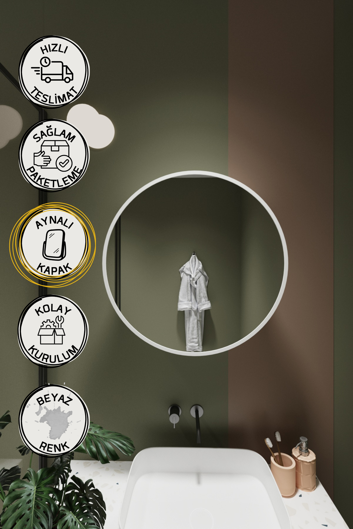 Odin Oval Aynalı Kapaklı Lavabo Üstü Banyo Dolabı