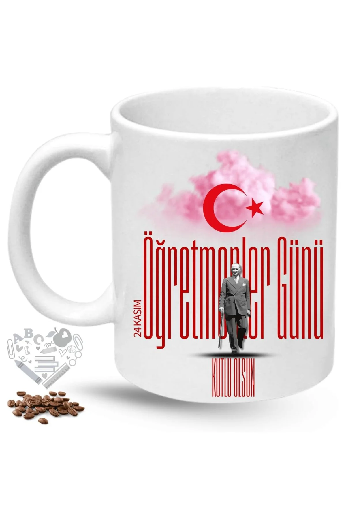 Öğretmenler Günü Hediyesi Atatürk Ay Yıldız Baskılı Porselen Kupa Bardak