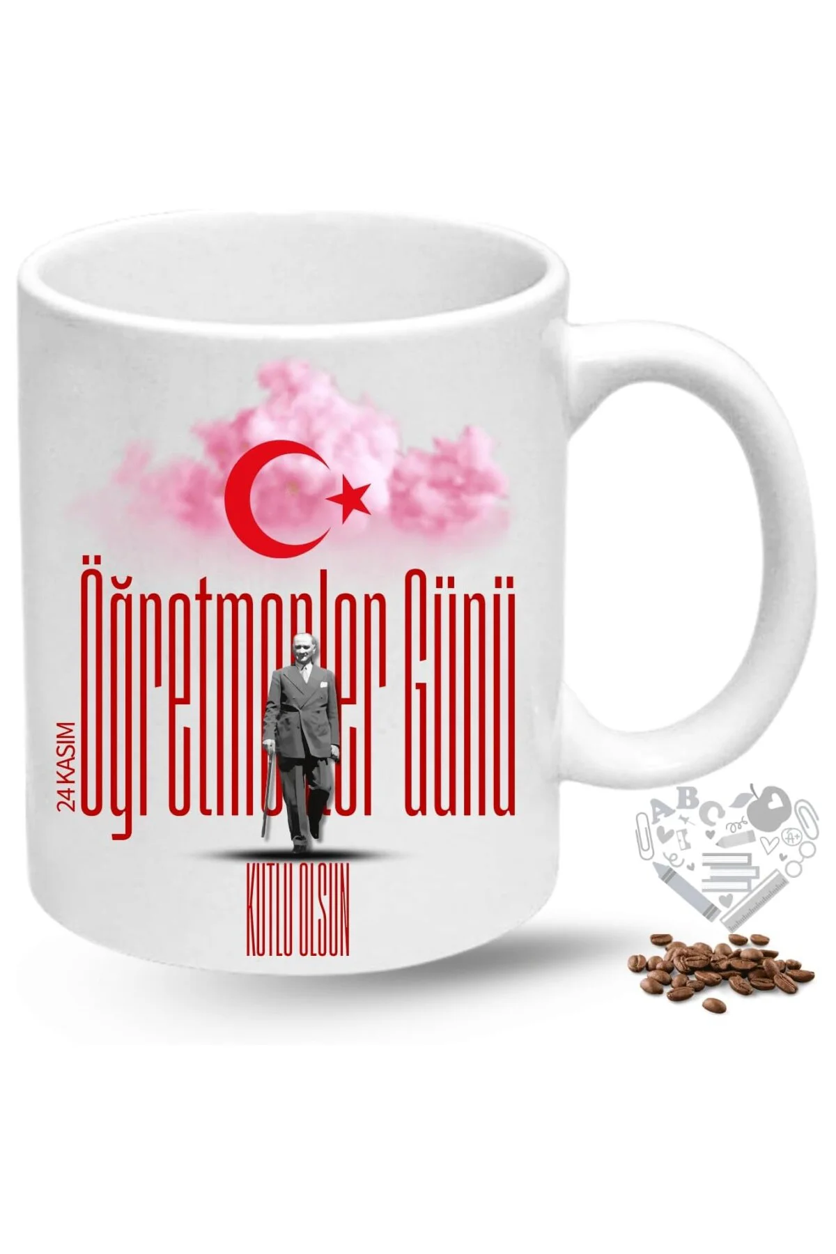 Öğretmenler Günü Hediyesi Atatürk Ay Yıldız Baskılı Porselen Kupa Bardak