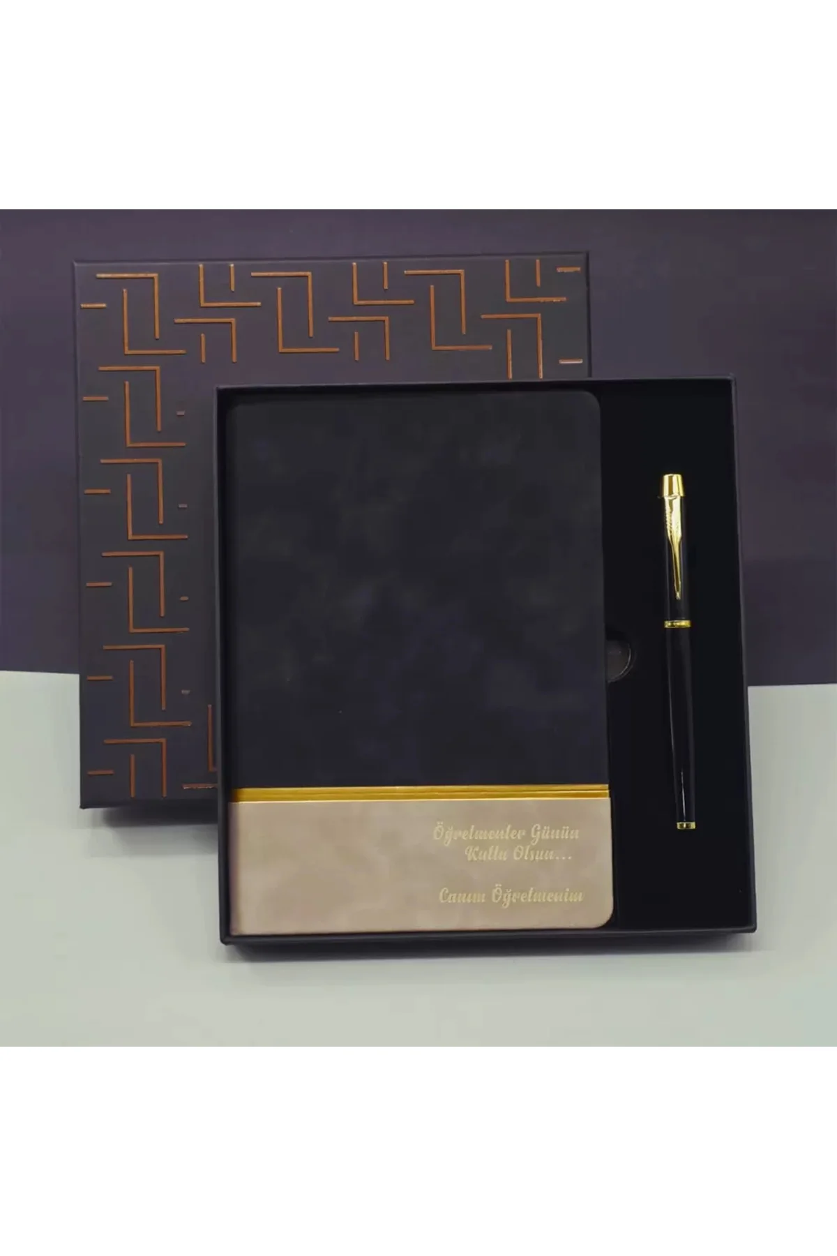 Öğretmenler Günü Özel Siyah Deri Defter Ve Metal Roller Kalem Hed