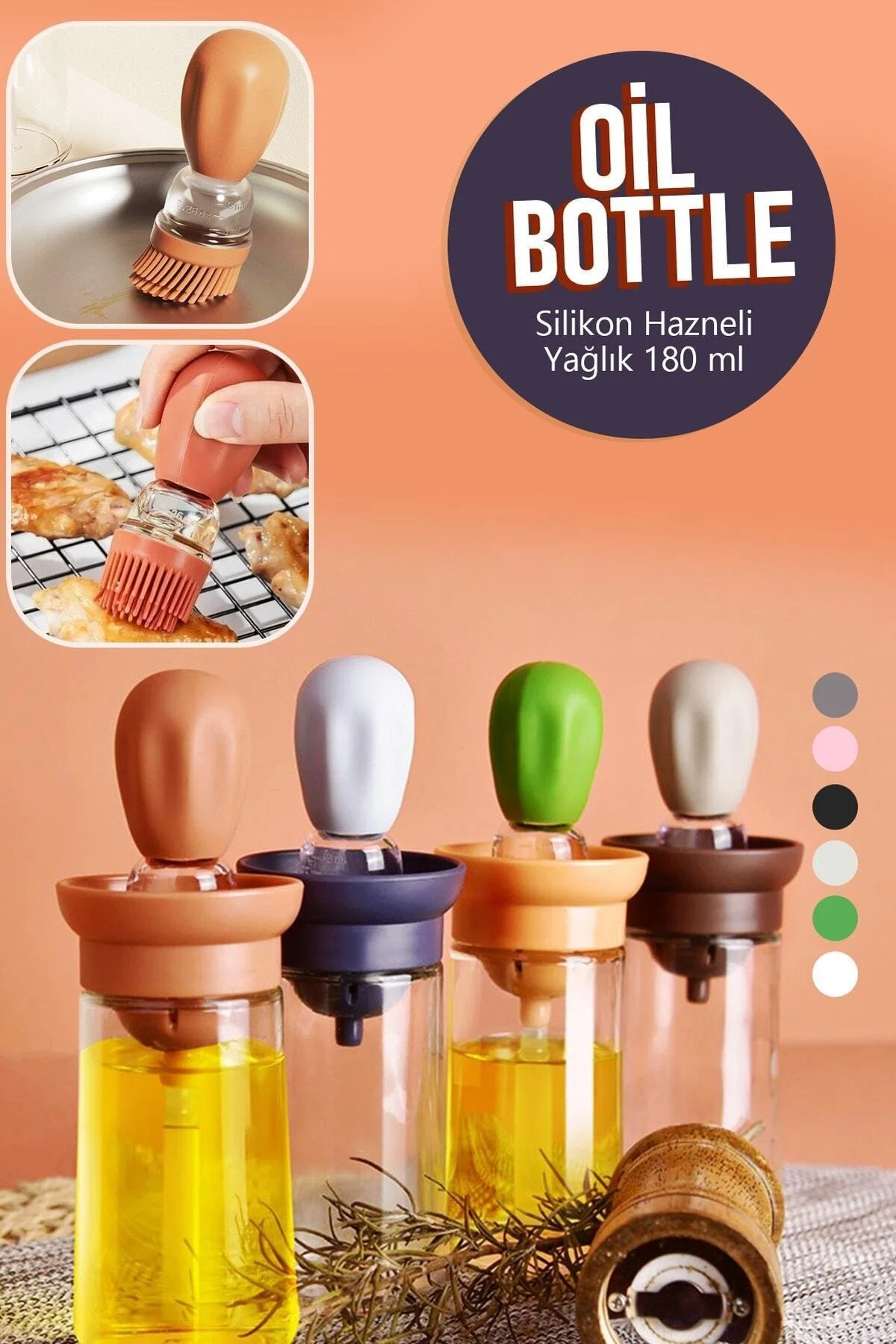 Oil Bottle Silikon Hazneli Fırçalı Yağlık Sirkelik Sosluk 180 Ml - Görsel 2