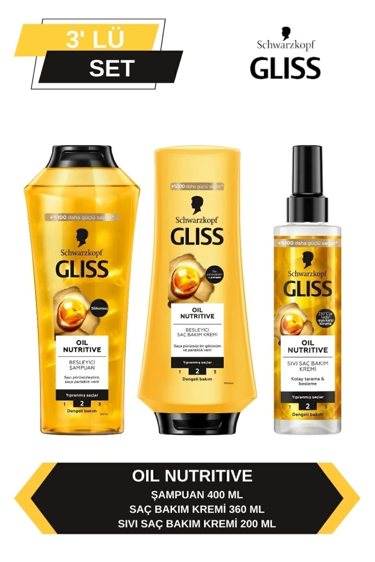 Oil Nutritive Şampuan 400ml + Saç Kremi 360ml + Sıvı Saç Kremi 200 ml