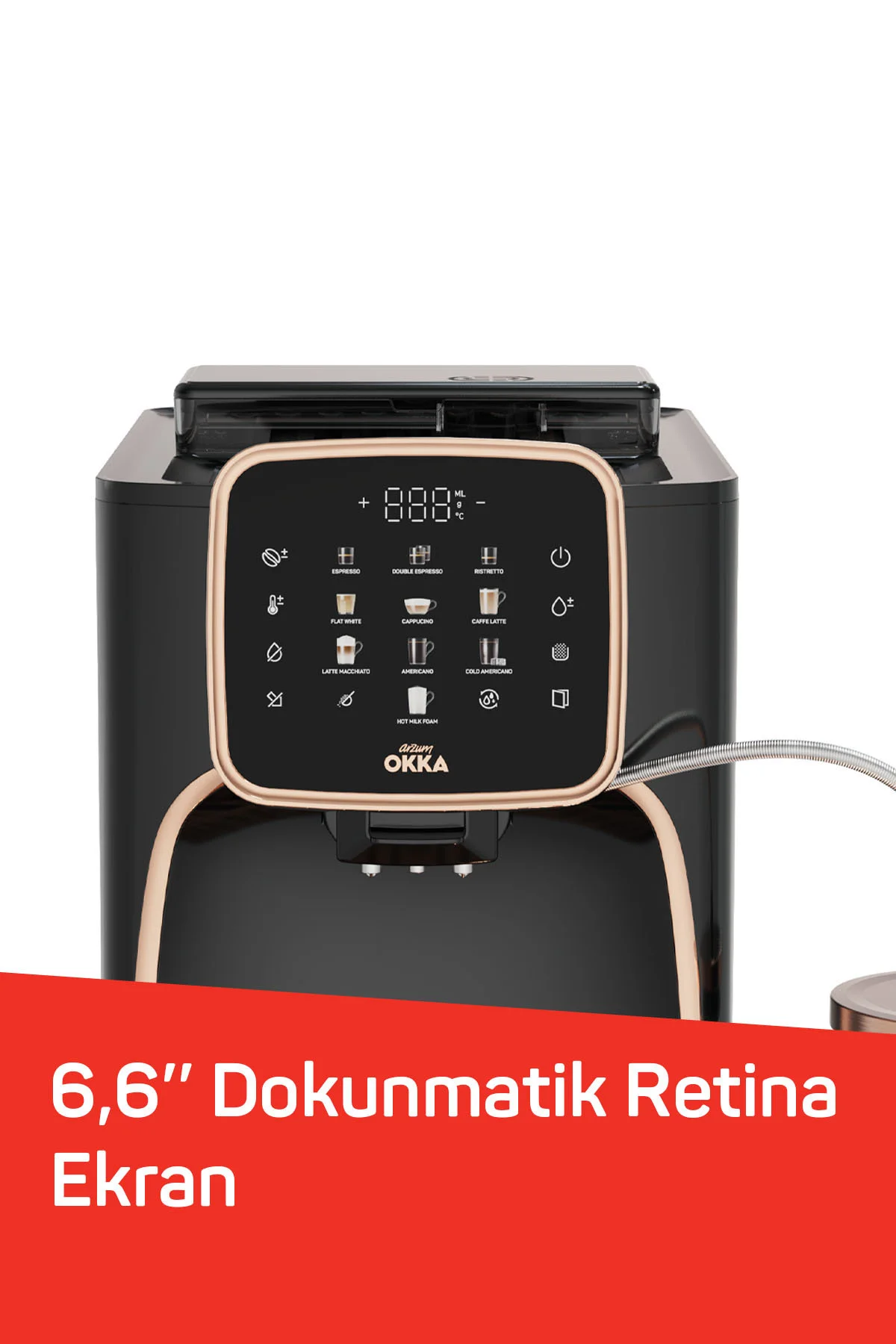 OK0028 Okka Espresso Pro M Tam Otomatik Espresso Makinesi, 11 Sıcak ve Soğuk İçecek, Bakır