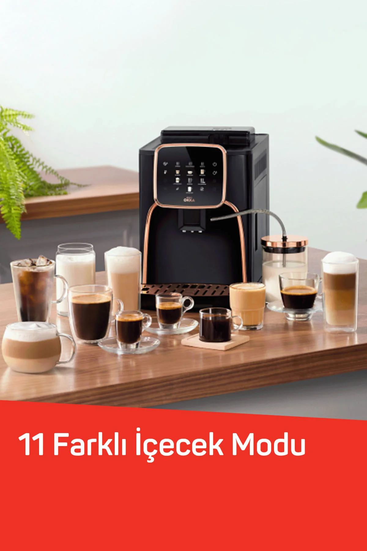 OK0028 Okka Espresso Pro M Tam Otomatik Espresso Makinesi, 11 Sıcak ve Soğuk İçecek, Bakır