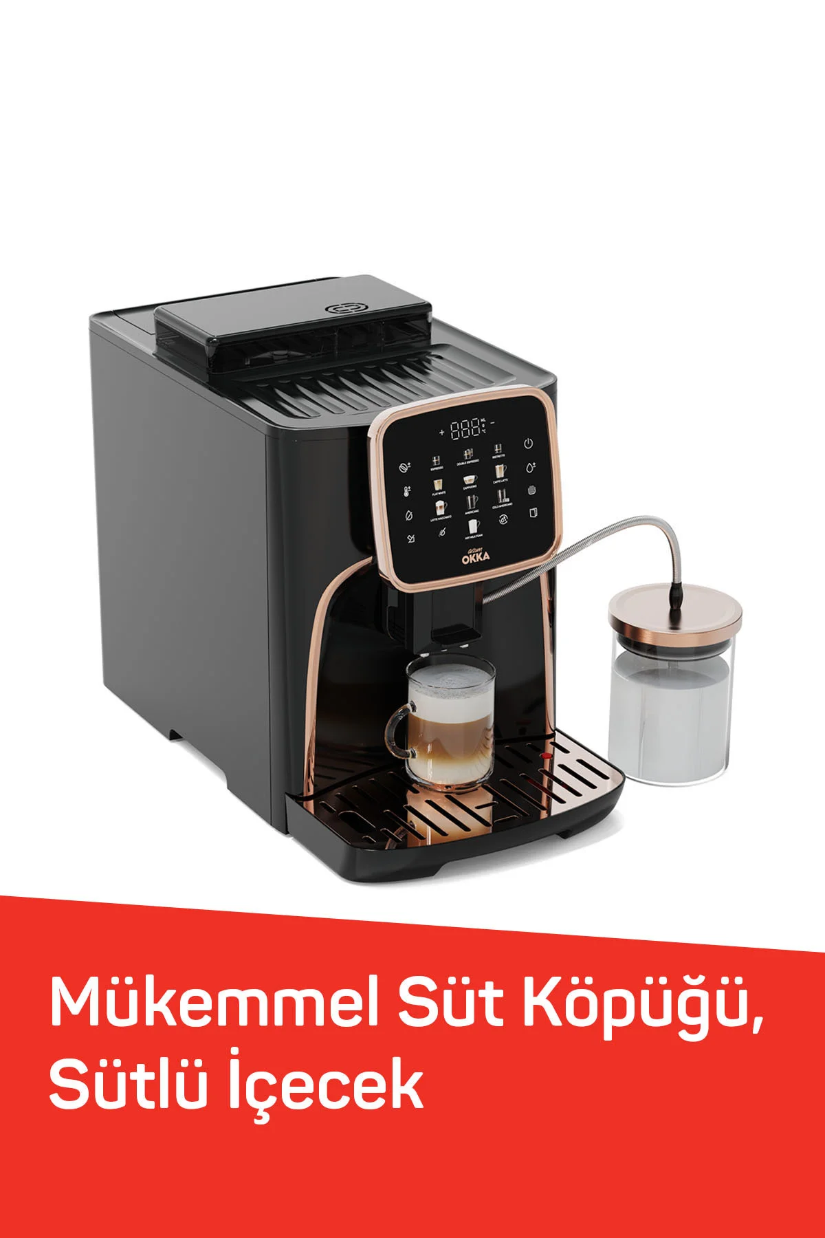 OK0028 Okka Espresso Pro M Tam Otomatik Espresso Makinesi, 11 Sıcak ve Soğuk İçecek, Bakır