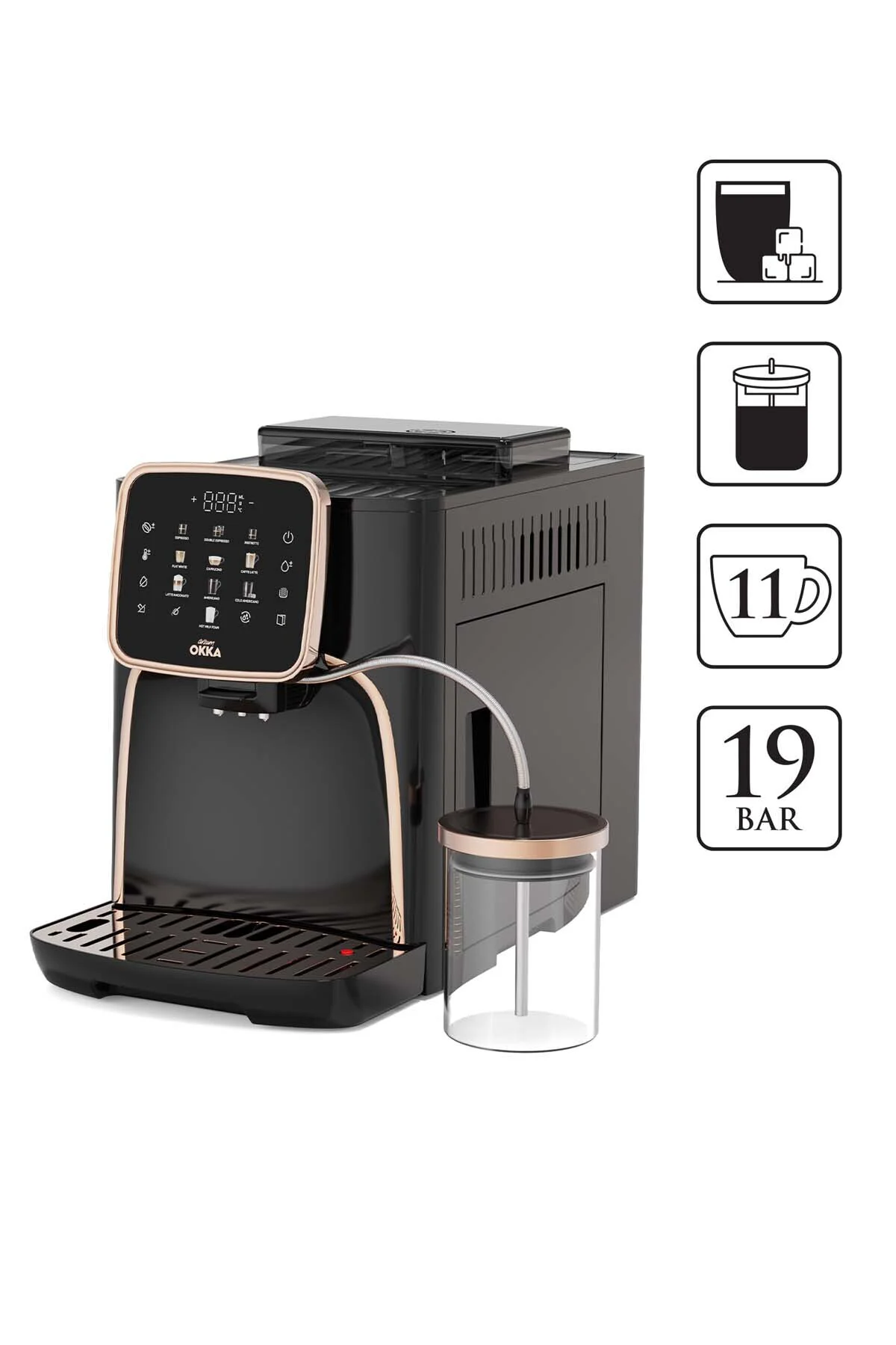 OK0028 Okka Espresso Pro M Tam Otomatik Espresso Makinesi, 11 Sıcak ve Soğuk İçecek, Bakır