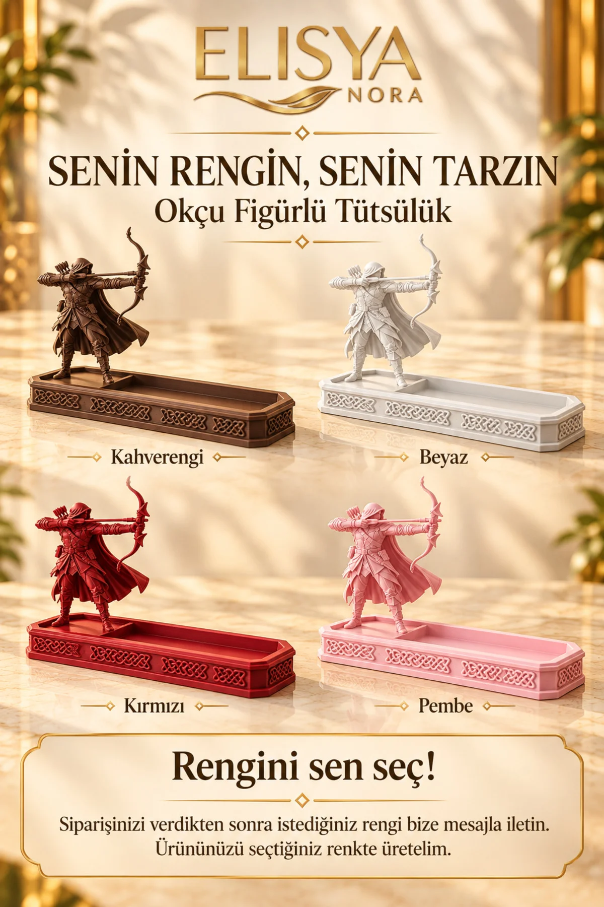 Okçu Figürlü Dekoratif Tütsülük Desenli Uzun Tablalı Tütsü Standı - Görsel 4