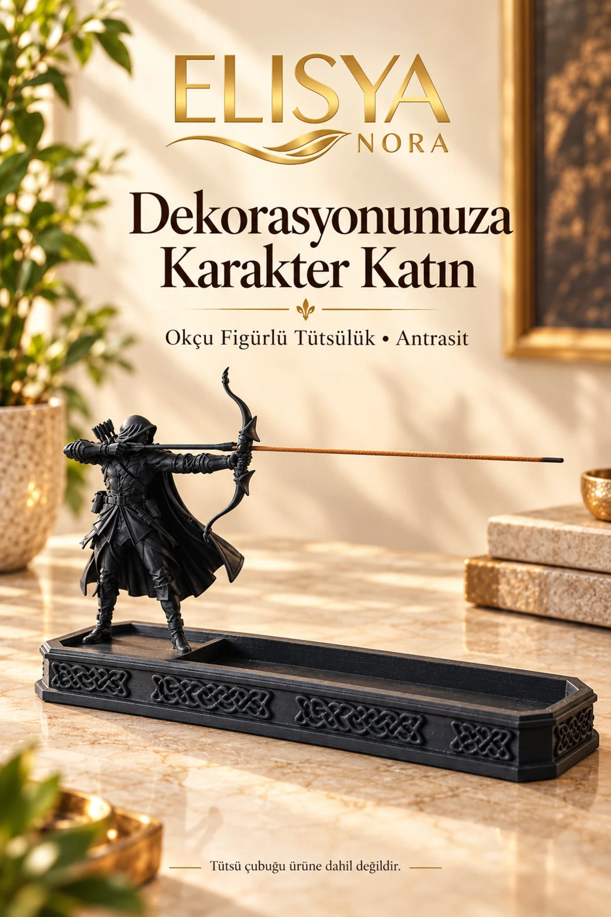 Okçu Figürlü Dekoratif Tütsülük Desenli Uzun Tablalı Tütsü Standı - Görsel 3