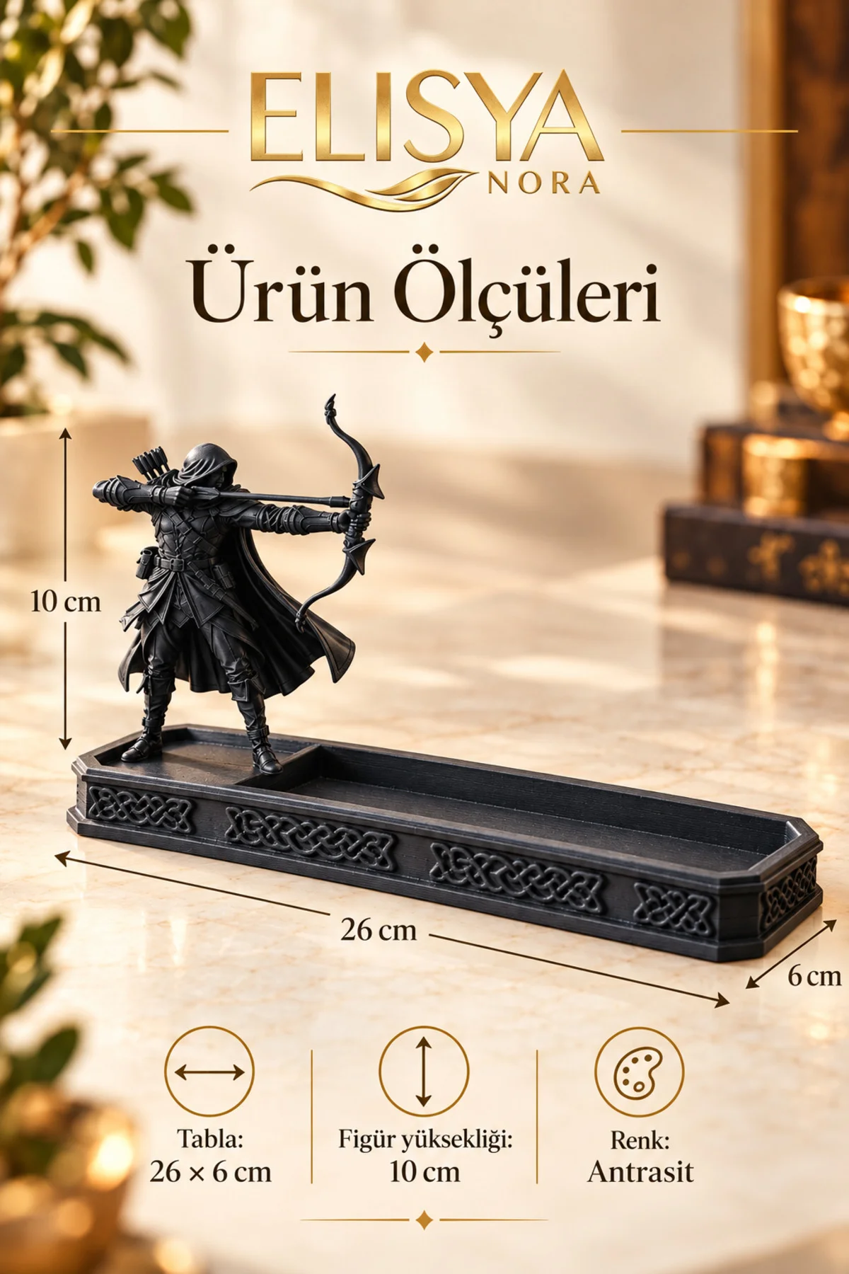 Okçu Figürlü Dekoratif Tütsülük Desenli Uzun Tablalı Tütsü Standı - Görsel 2