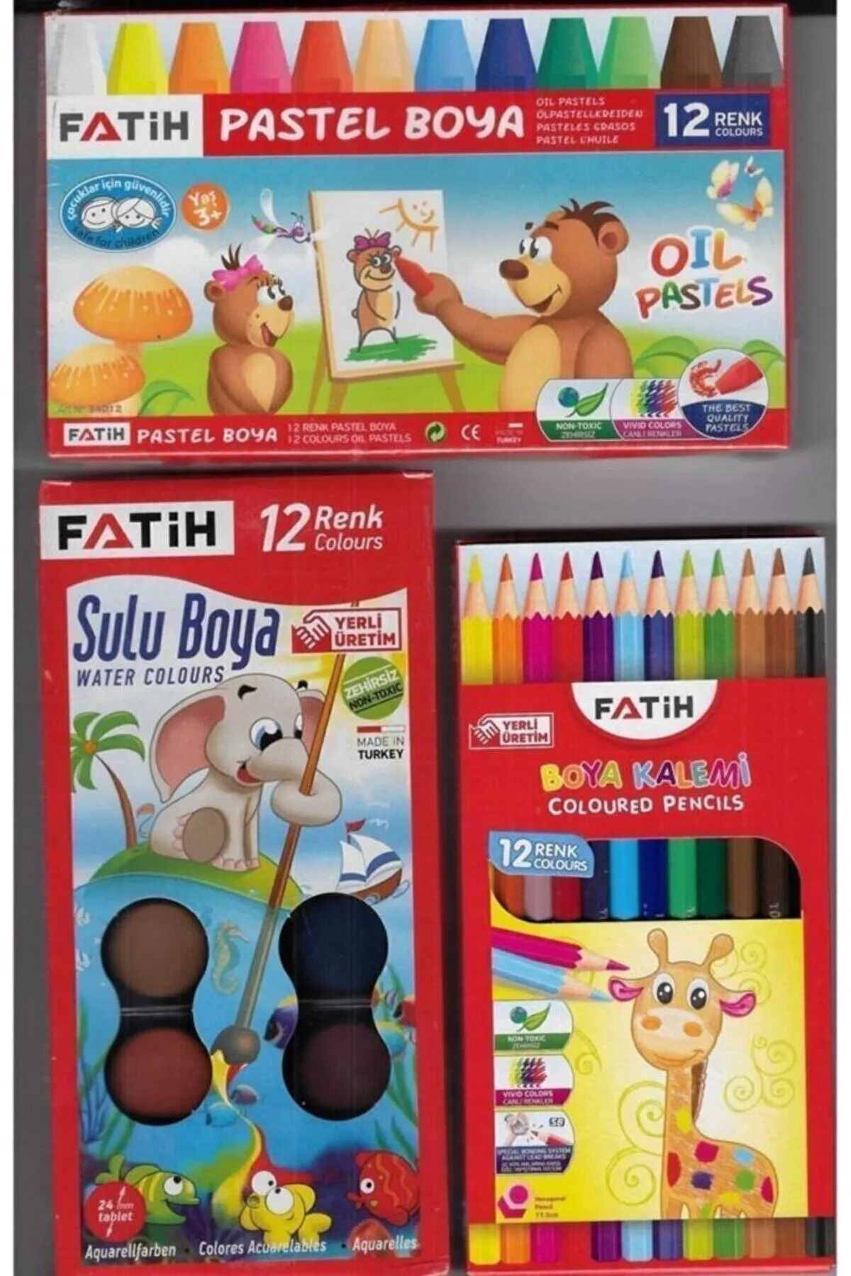 Fatih Okul 3 'Lü Boya Seti -12'Li Kuru Boya + 12'Li Pastel Boya + 12'Li