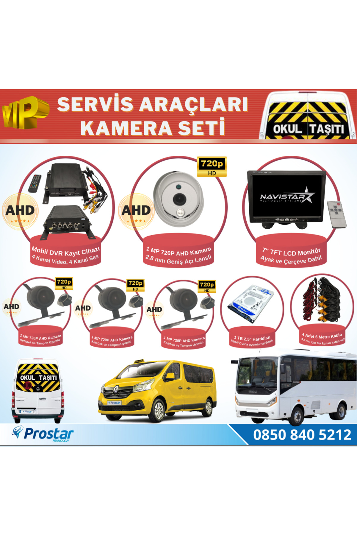 Pro Star Okul Servis Kamera Seti 4 Kameralı 7" Monitör 4 Kameralı 1 Tb Har