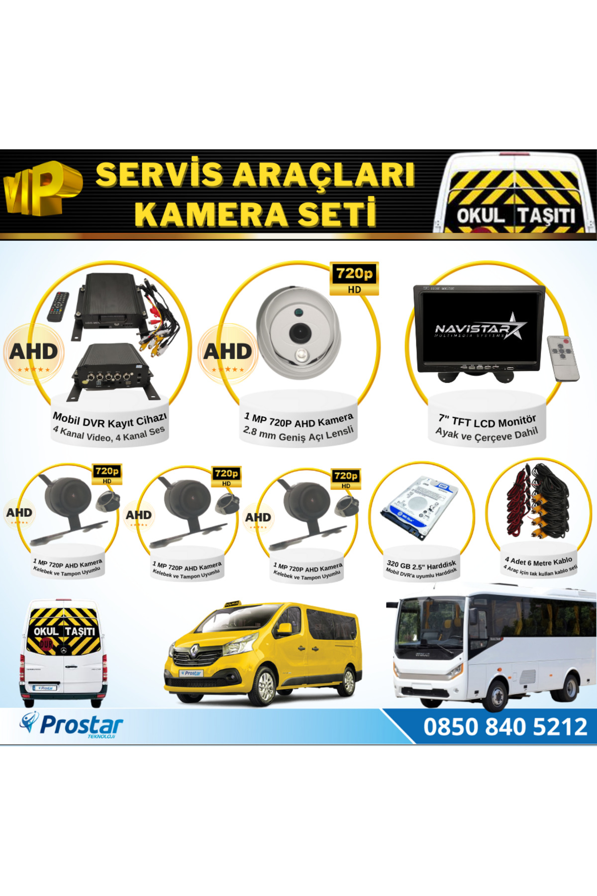 Navistar Okul Servis Kamera Seti 4 Kameralı 7" Monitör 4 Kameralı 320 Gb H