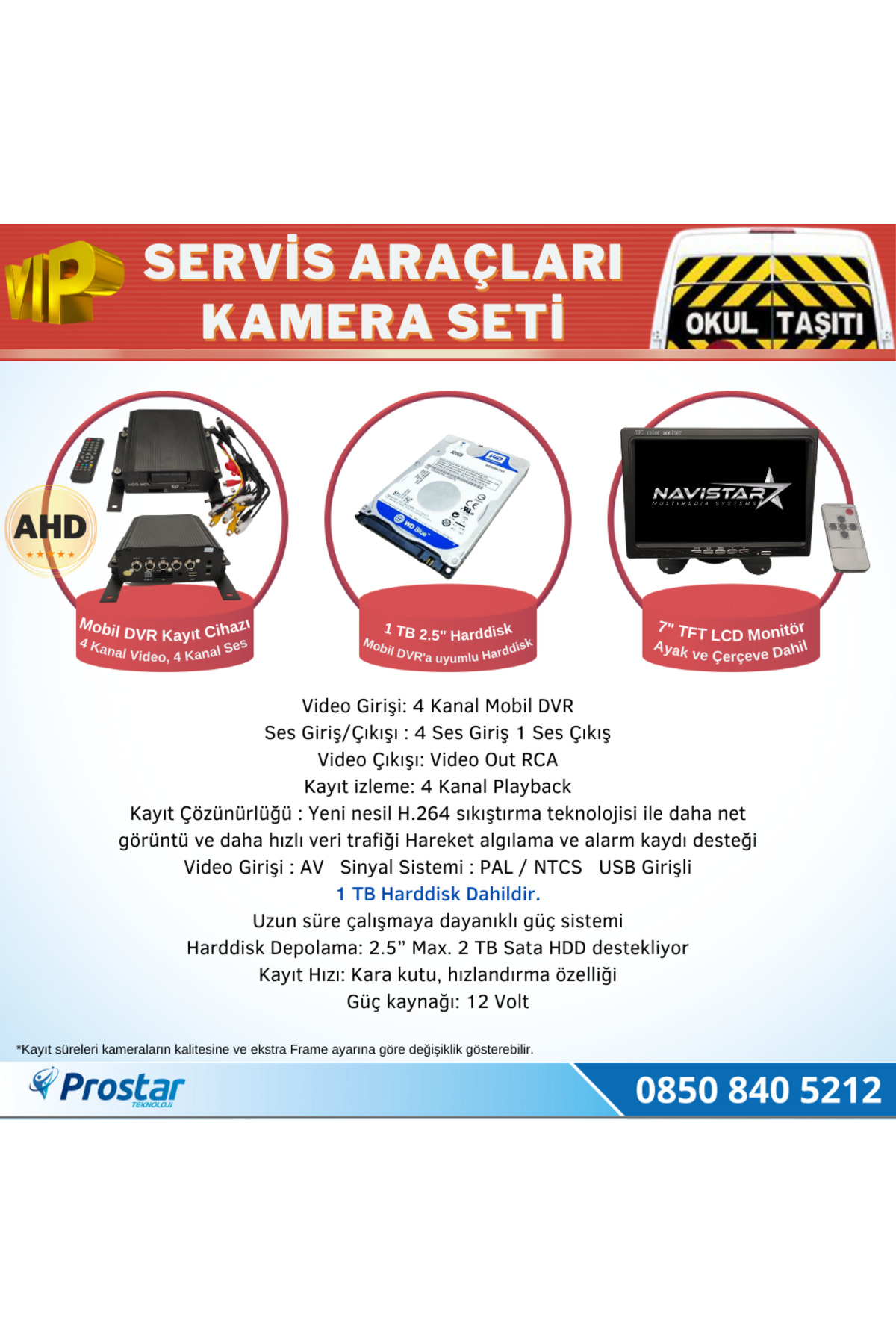 Pro Star Okul Servis Kamera Seti 4 Kameralı 7" Monitör 4 Kameralı 1 Tb Har