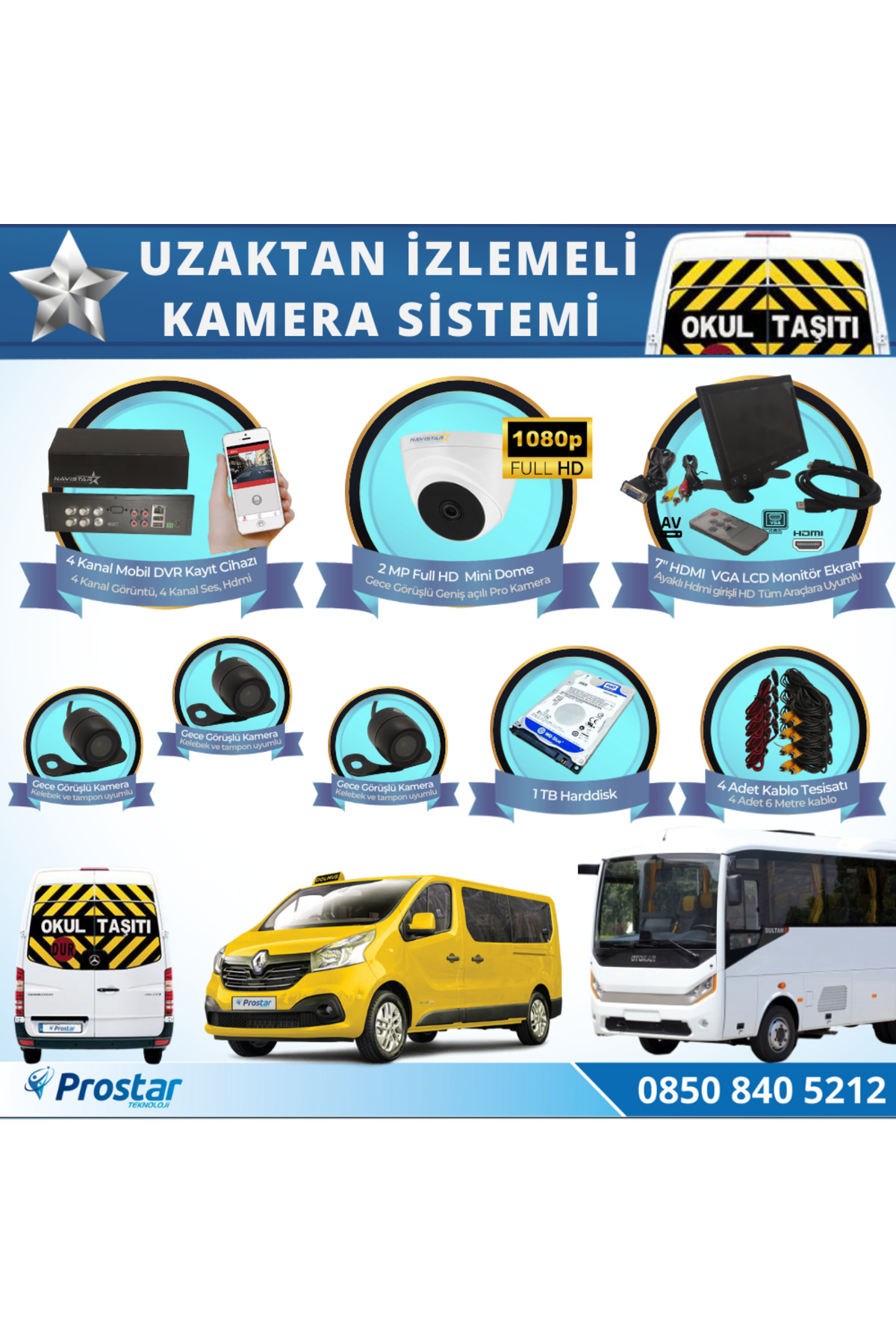 Okul Servis Kamera Sistemi Seti Uzaktan Izlemeli 4 Kameralı 7" Hd Okul Servis Kamera Sistemi Seti Uzaktan Izlemeli 4 Kameralı 7" Hd