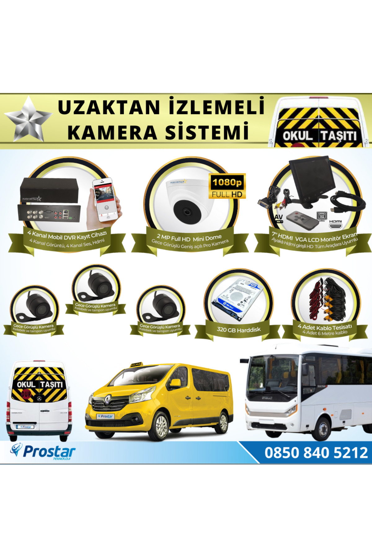 Navistar Okul Servis Kamera Sistemi Seti Uzaktan İzlemeli 4 Kameralı 7" Hd