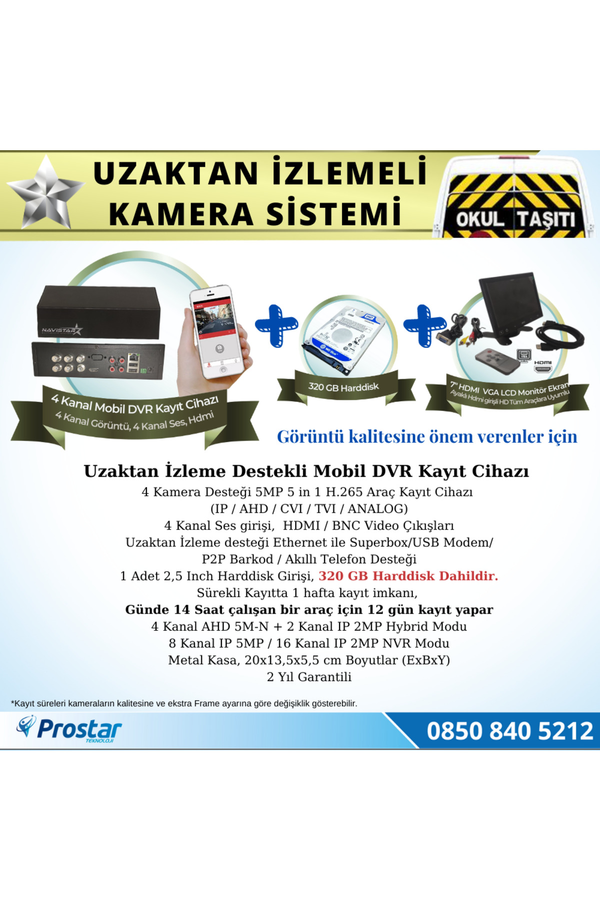 Navistar Okul Servis Kamera Sistemi Seti Uzaktan İzlemeli 4 Kameralı 7" Hd