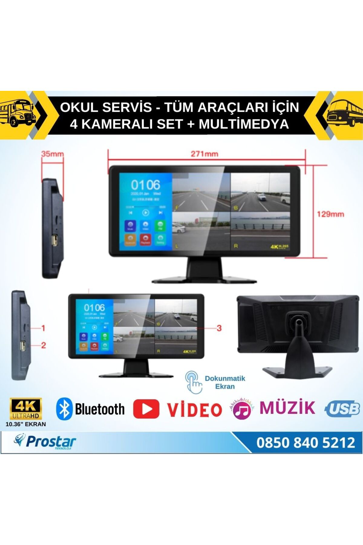 Okul Servisleri için 10.36" Dokunmatik Ekranlı 4 Kameralı Kayıtlı