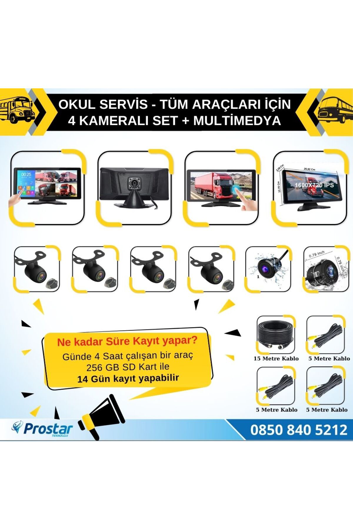 Okul Servisleri için 10.36" Dokunmatik Ekranlı 4 Kameralı Kayıtlı