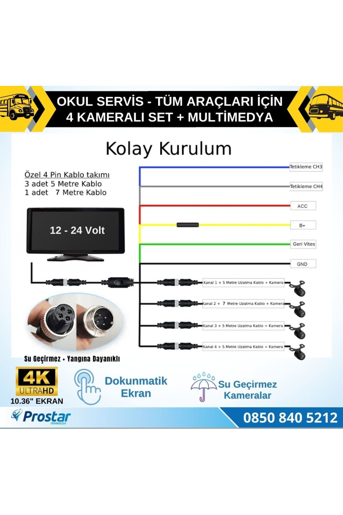 Okul Servisleri için 10.36" Dokunmatik Ekranlı 4 Kameralı Kayıtlı
