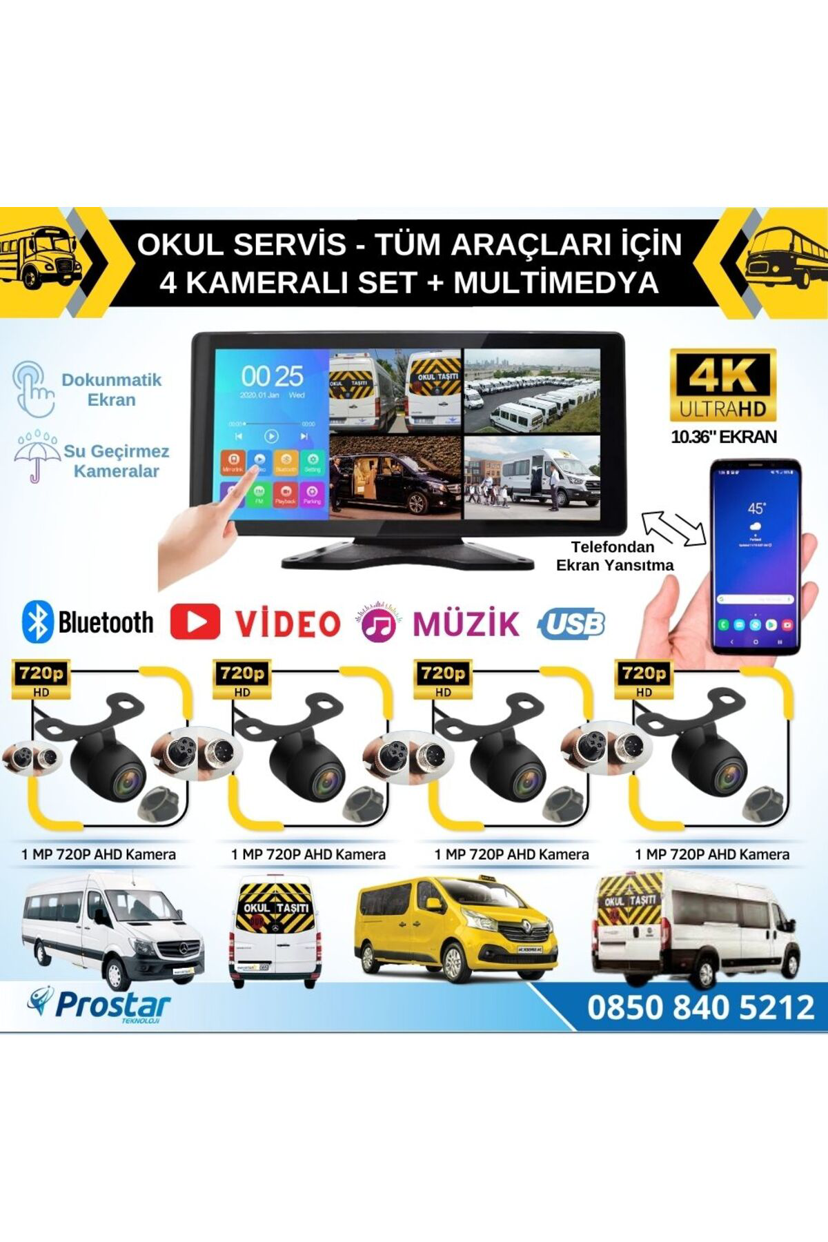 Okul Servisleri için 10.36" Dokunmatik Ekranlı 4 Kameralı Kayıtlı