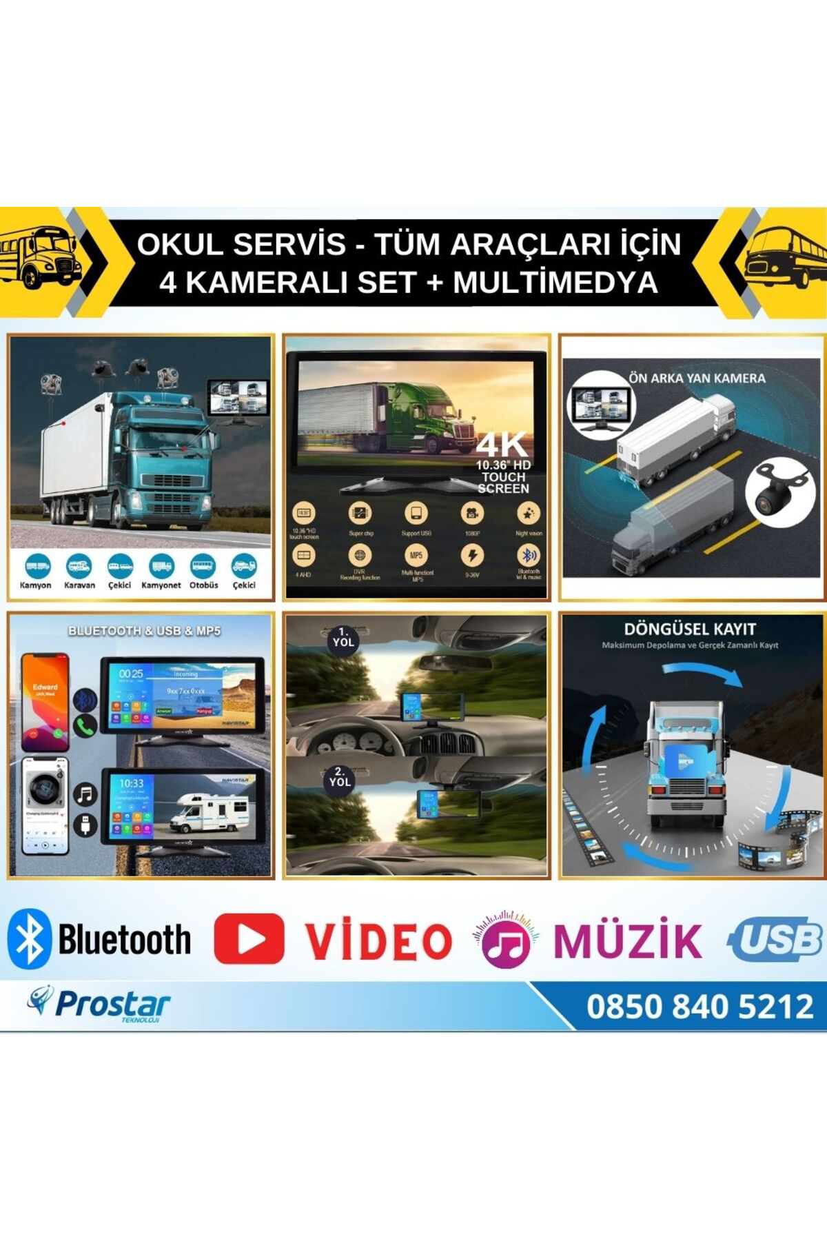 Okul Servisleri için 10.36" Dokunmatik Ekranlı 4 Kameralı Kayıtlı