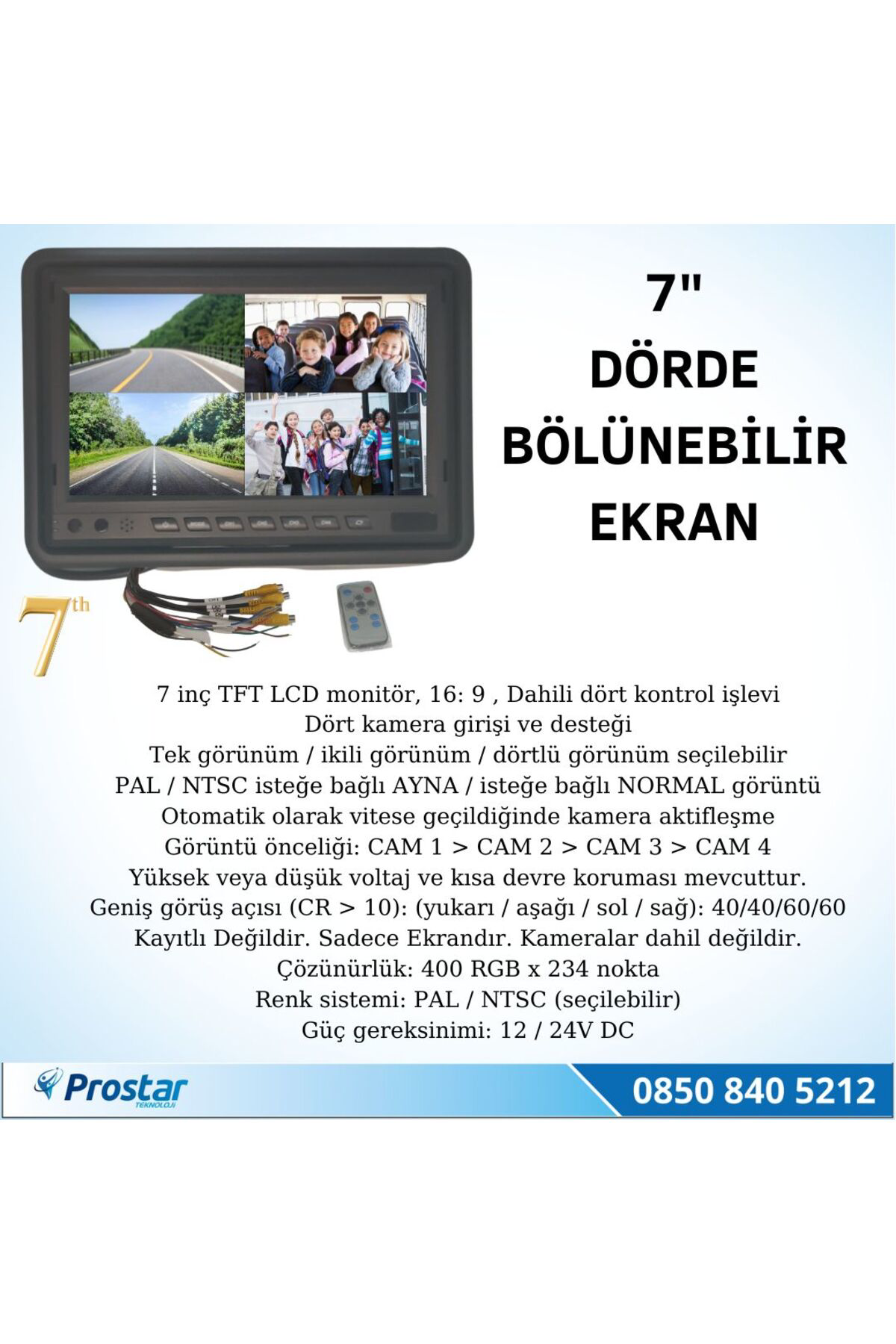 Okul Ve Servis Taşıtları Dört Kameralı 7" Ekranlı 4 Kamera Dahil 