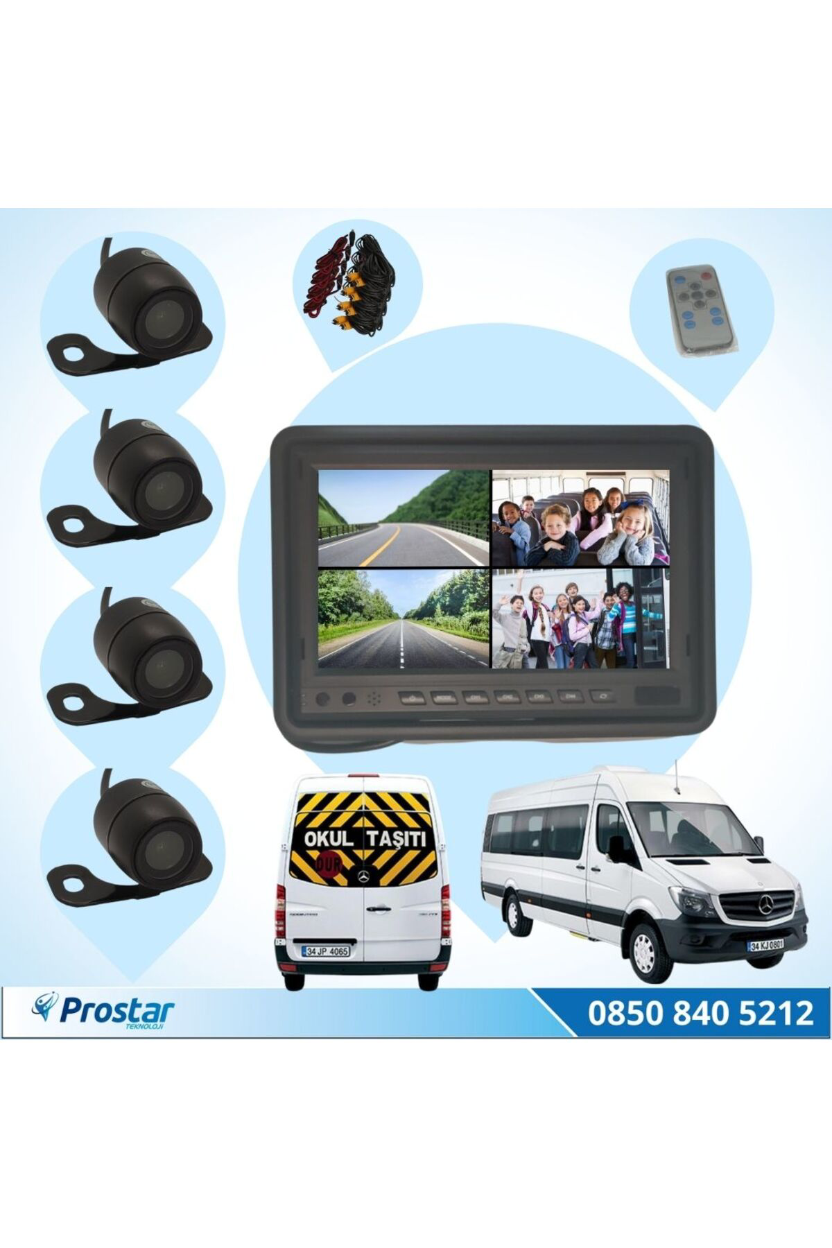 Okul Ve Servis Taşıtları Dört Kameralı 7" Ekranlı 4 Kamera Dahil 