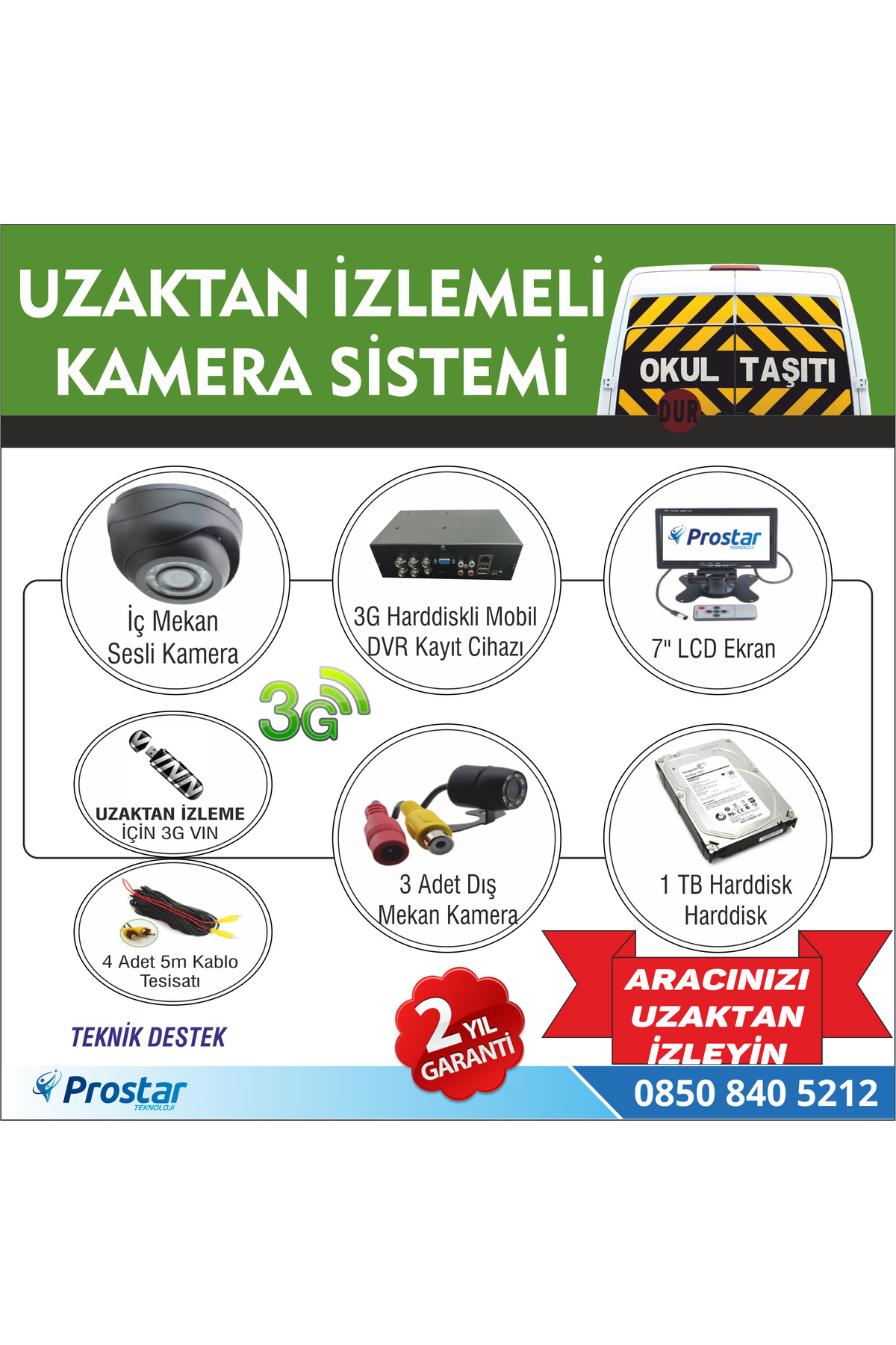 Okul Ve Servis Taşıtları Için 1 Tb Kayıtlı 3g Destekli Kamera