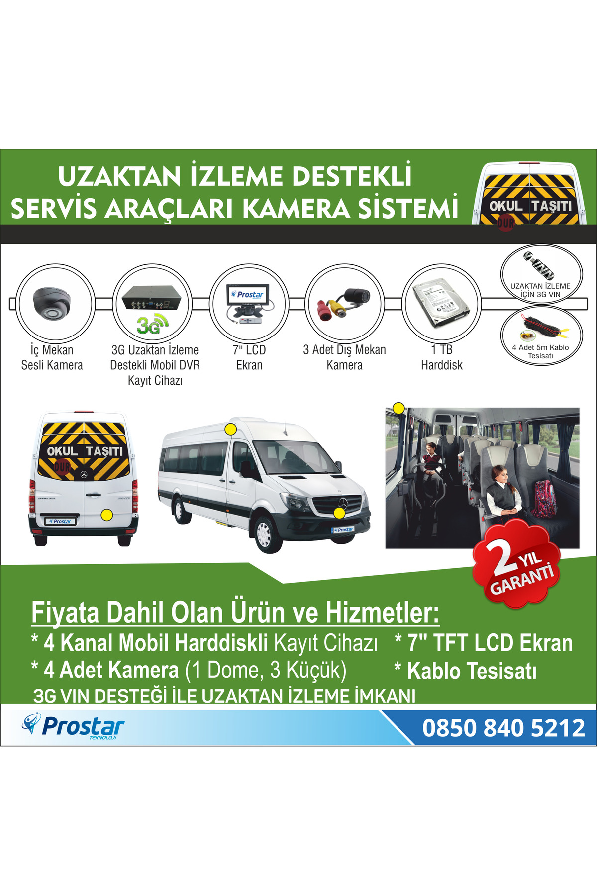 Okul Ve Servis Taşıtları Için 1 Tb Kayıtlı 3g Destekli Kamera