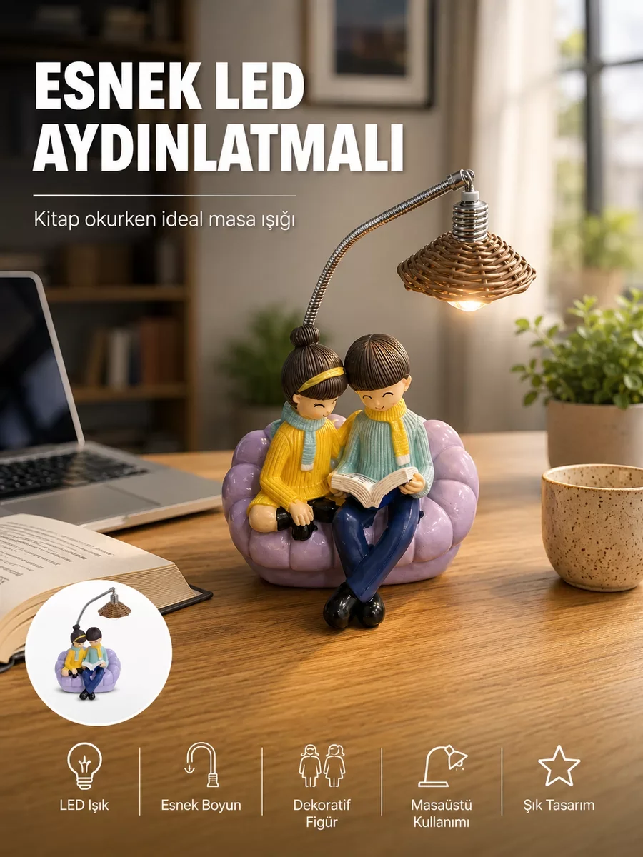 Okuyan Çift Figürlü Dekoratif Gece Lambası - Romantik LED Masa Lambası Hediye