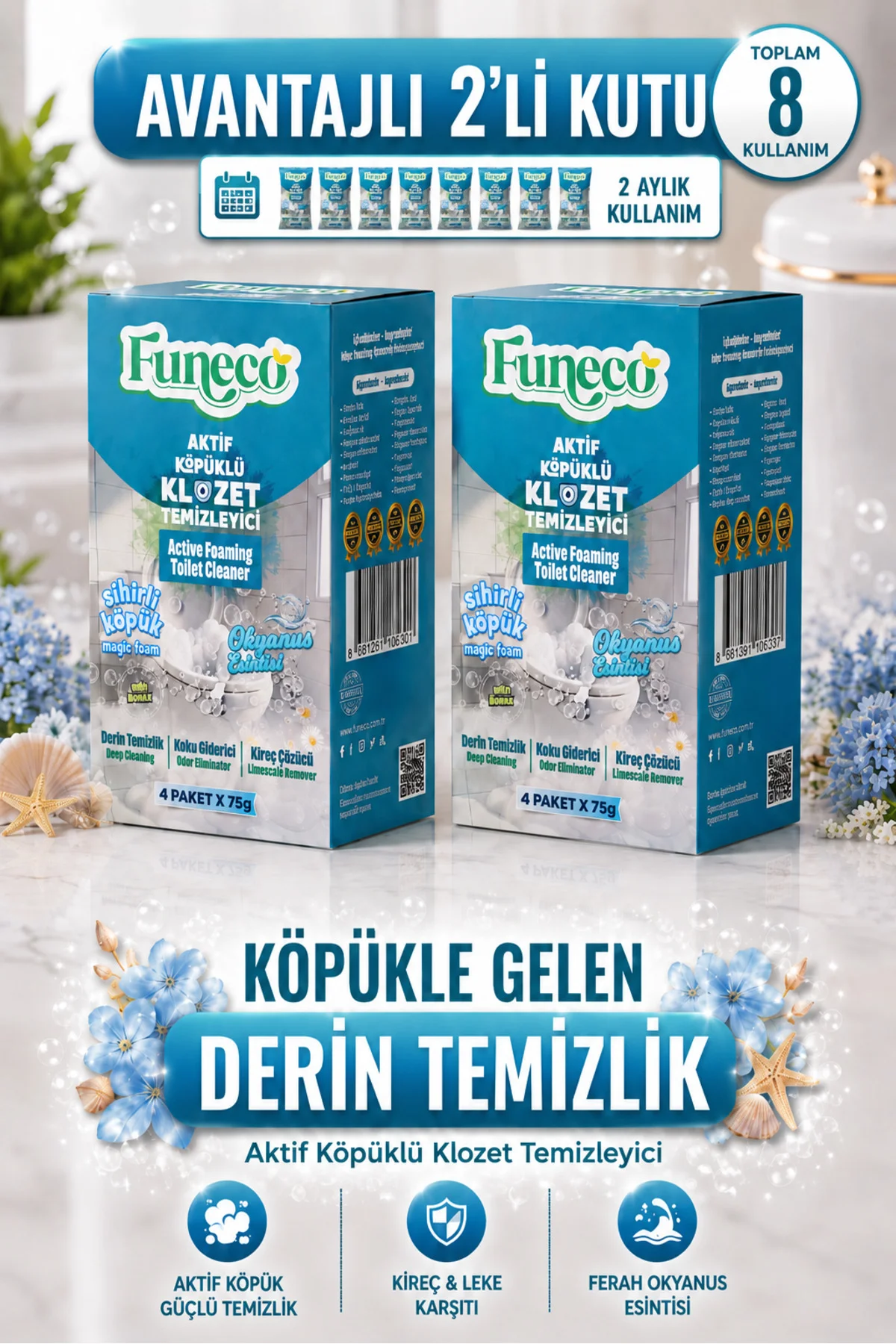Okyanus Ferahlığı - Avantajlı Paket - 2 Kutu - 8 Paket - Tuvalet Klozet Temizleyici, Aktif Köpüklü