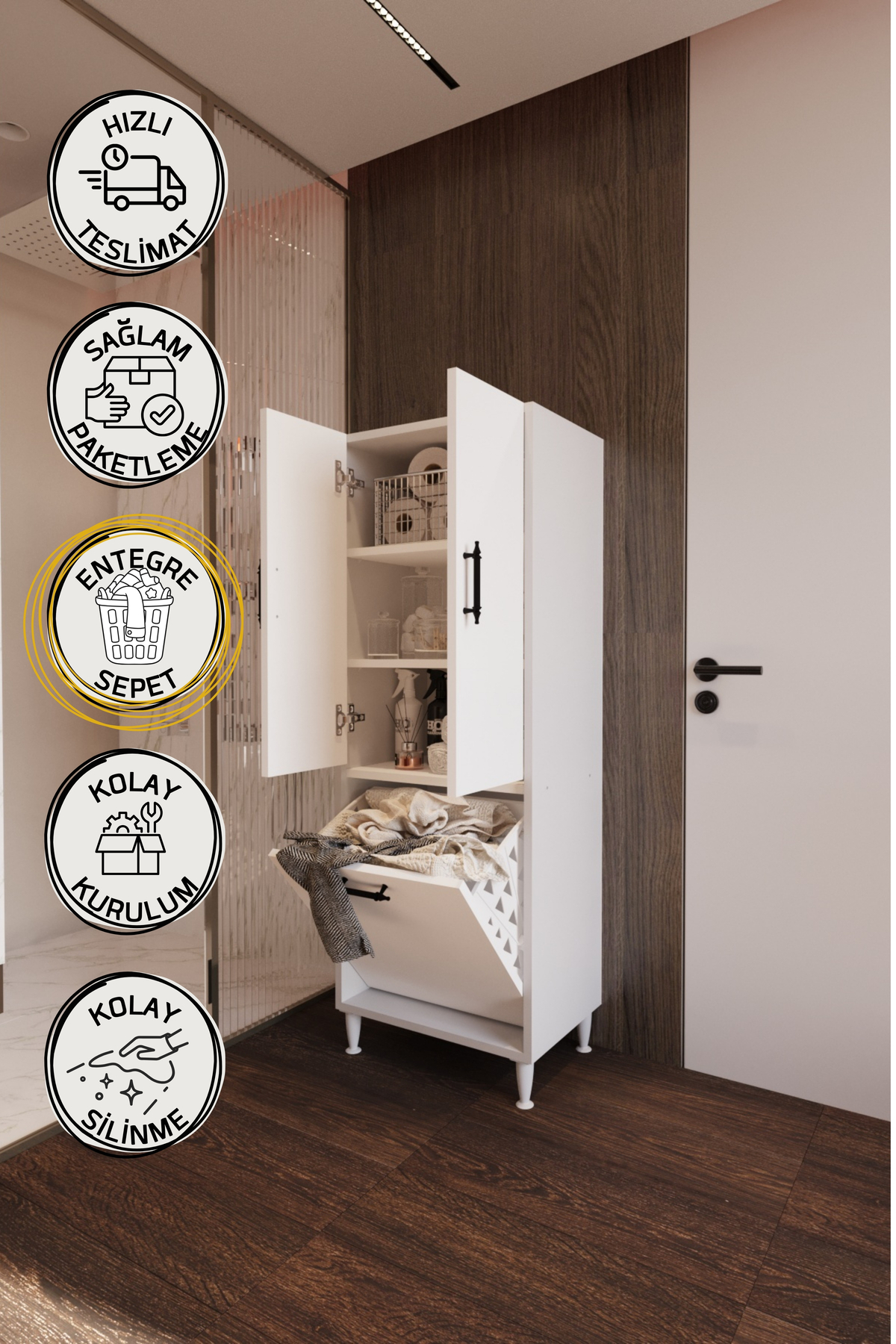 Olimpos Çamaşır Sepetli Çok Amaçlı Banyo Dolabı